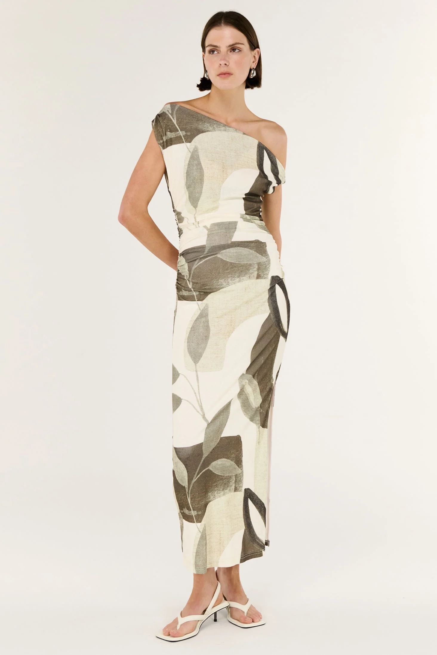 Ophiele Light Leaf Print Twist SS Mesh Midi Dress