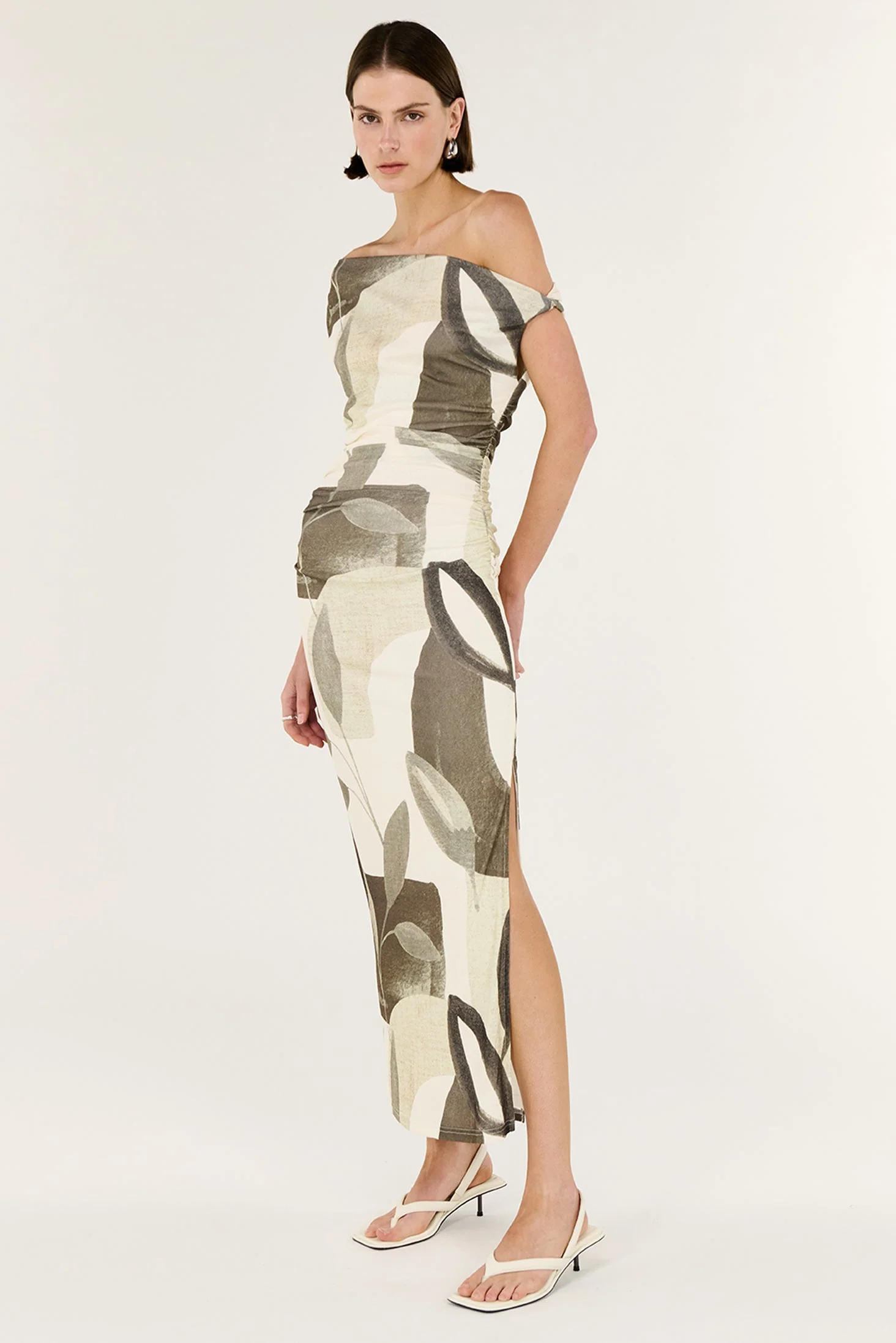 Ophiele Light Leaf Print Twist SS Mesh Midi Dress - Image 3