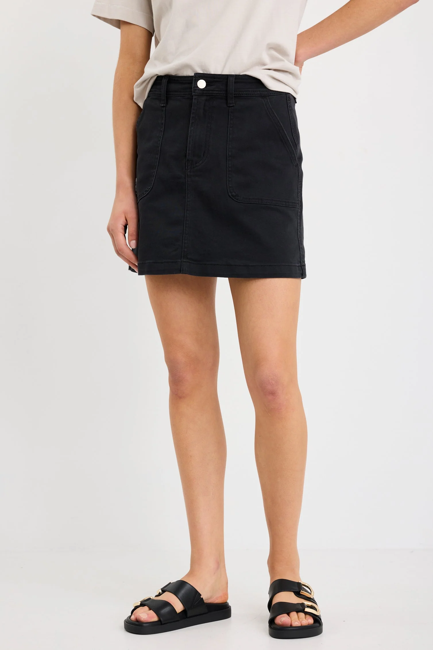 Orchard Washed Black Pocket Front Denim Mini Skirt - Image 3