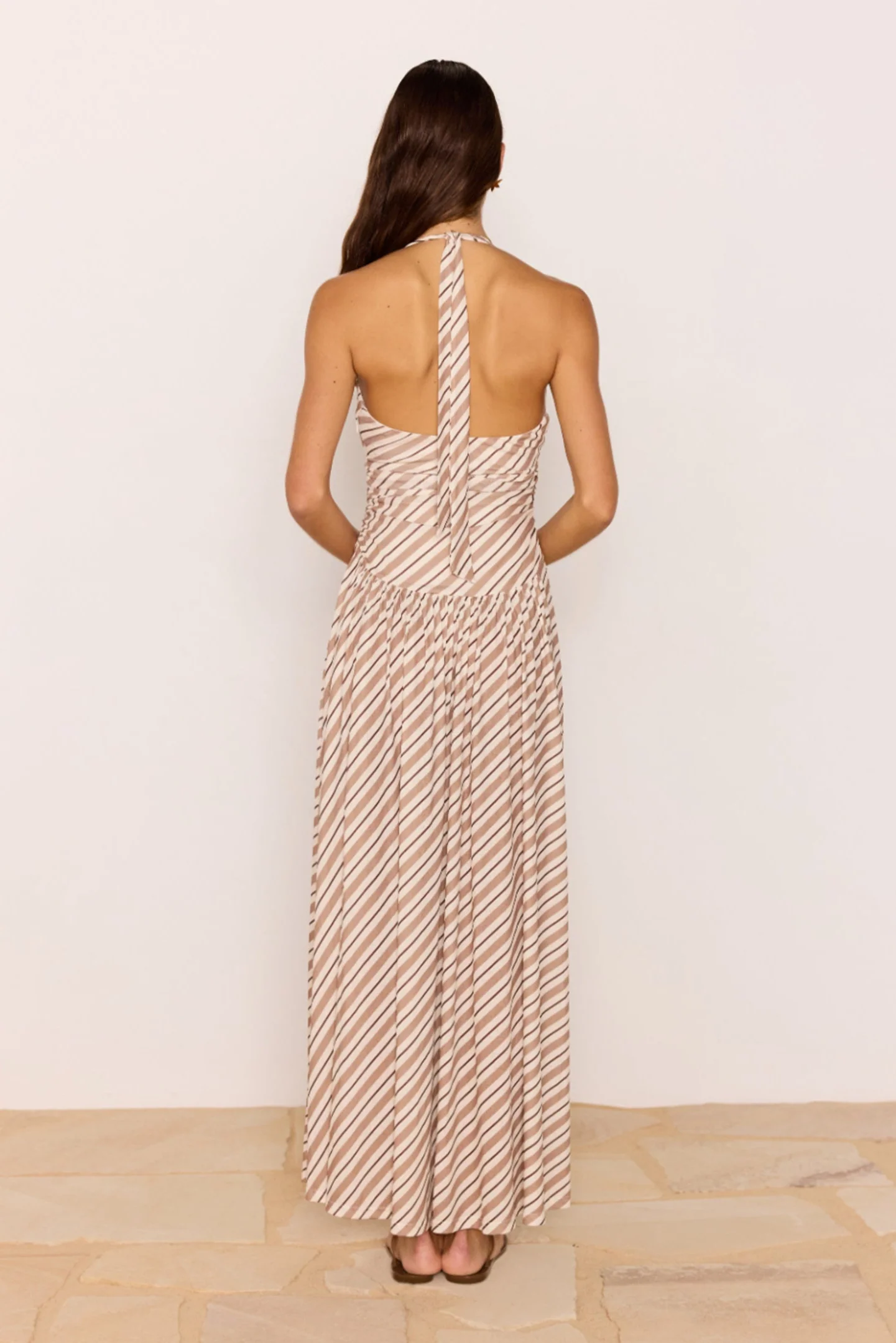 Orielle Brown Cream Stripe Halter Mesh Maxi Dress - Image 5