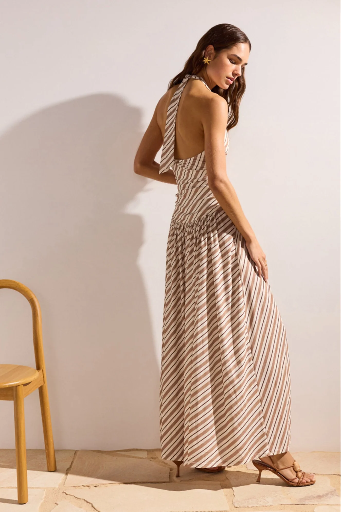 Orielle Brown Cream Stripe Halter Mesh Maxi Dress - Image 6