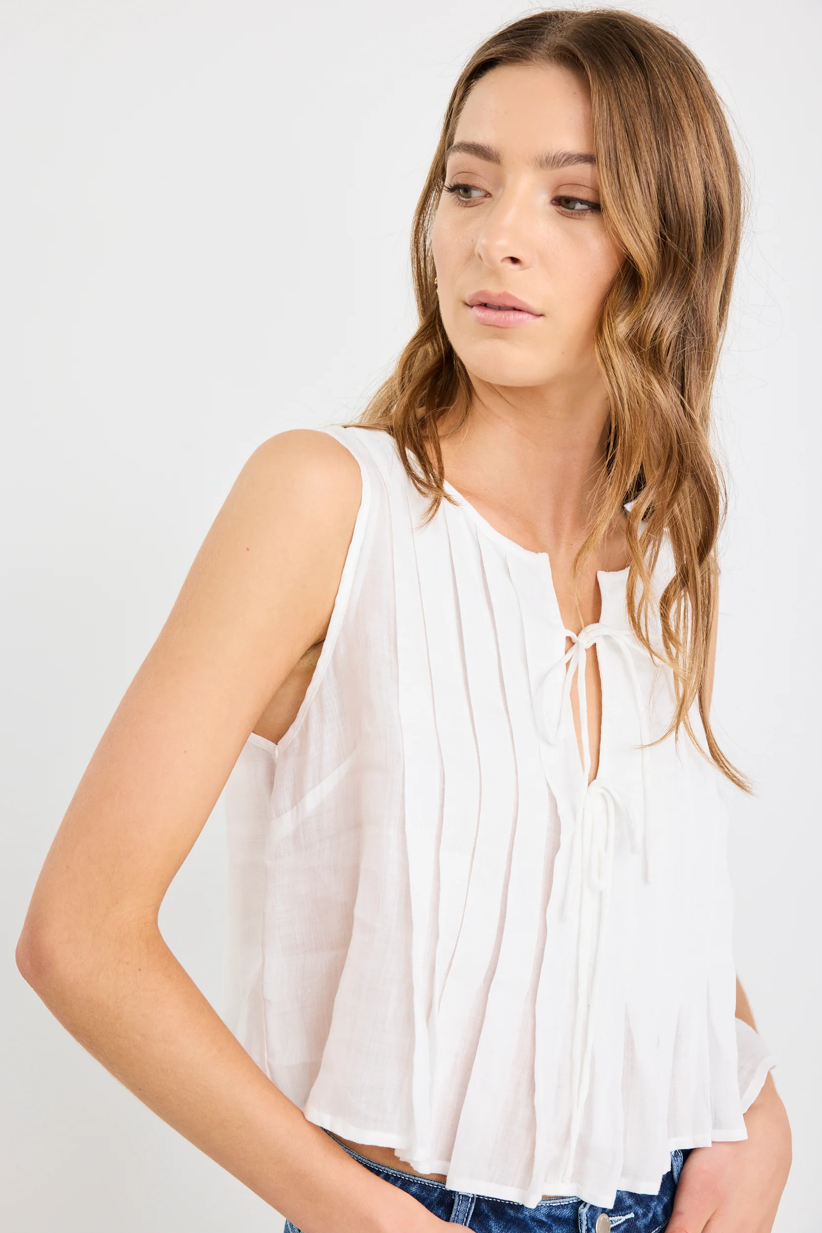 Origami Ivory Ramie Pleated Sleeveless Tie Top - Image 3