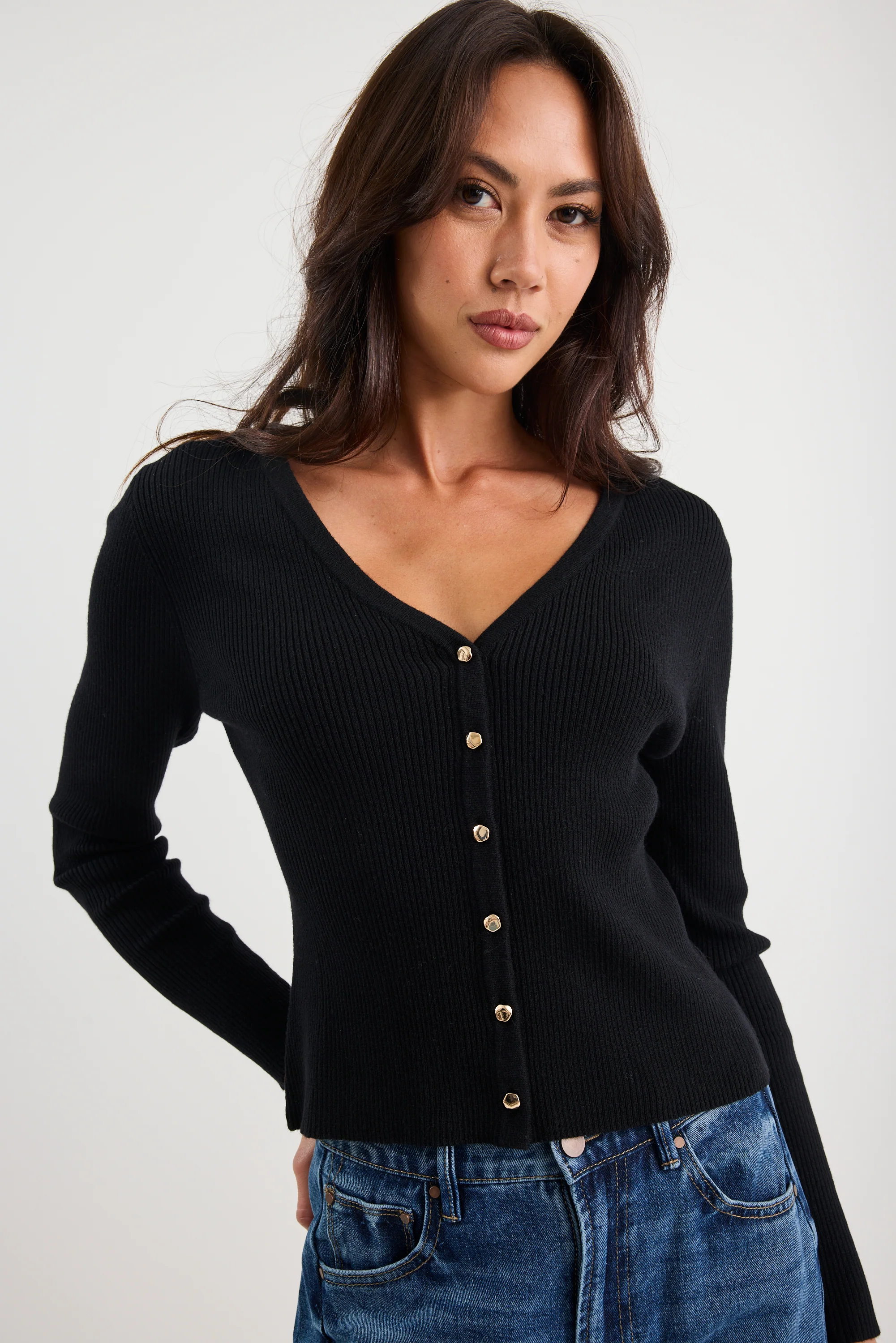 Originality Black V Neck Rib Knit Cardigan