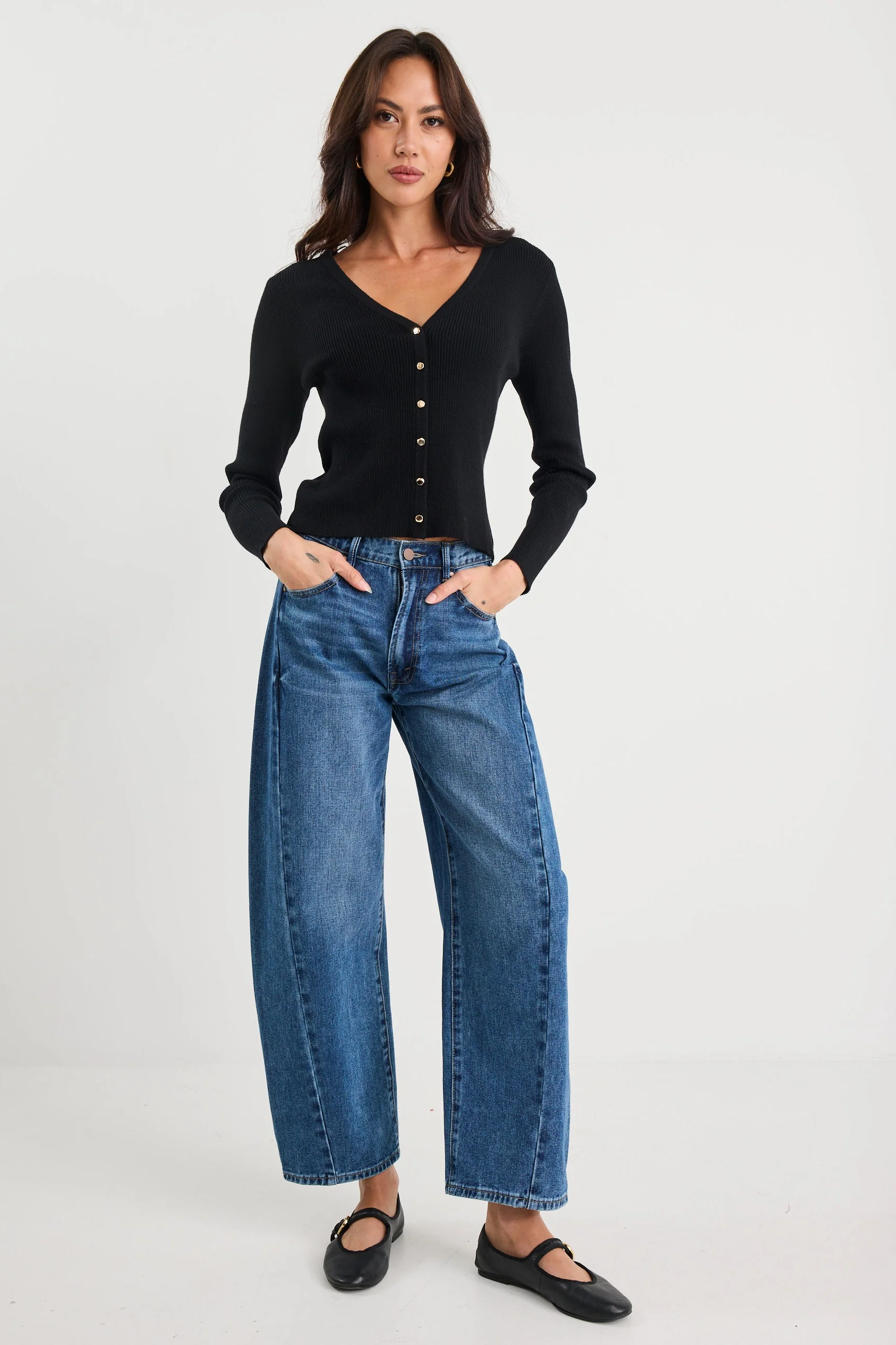 Originality Black V Neck Rib Knit Cardigan - Image 2