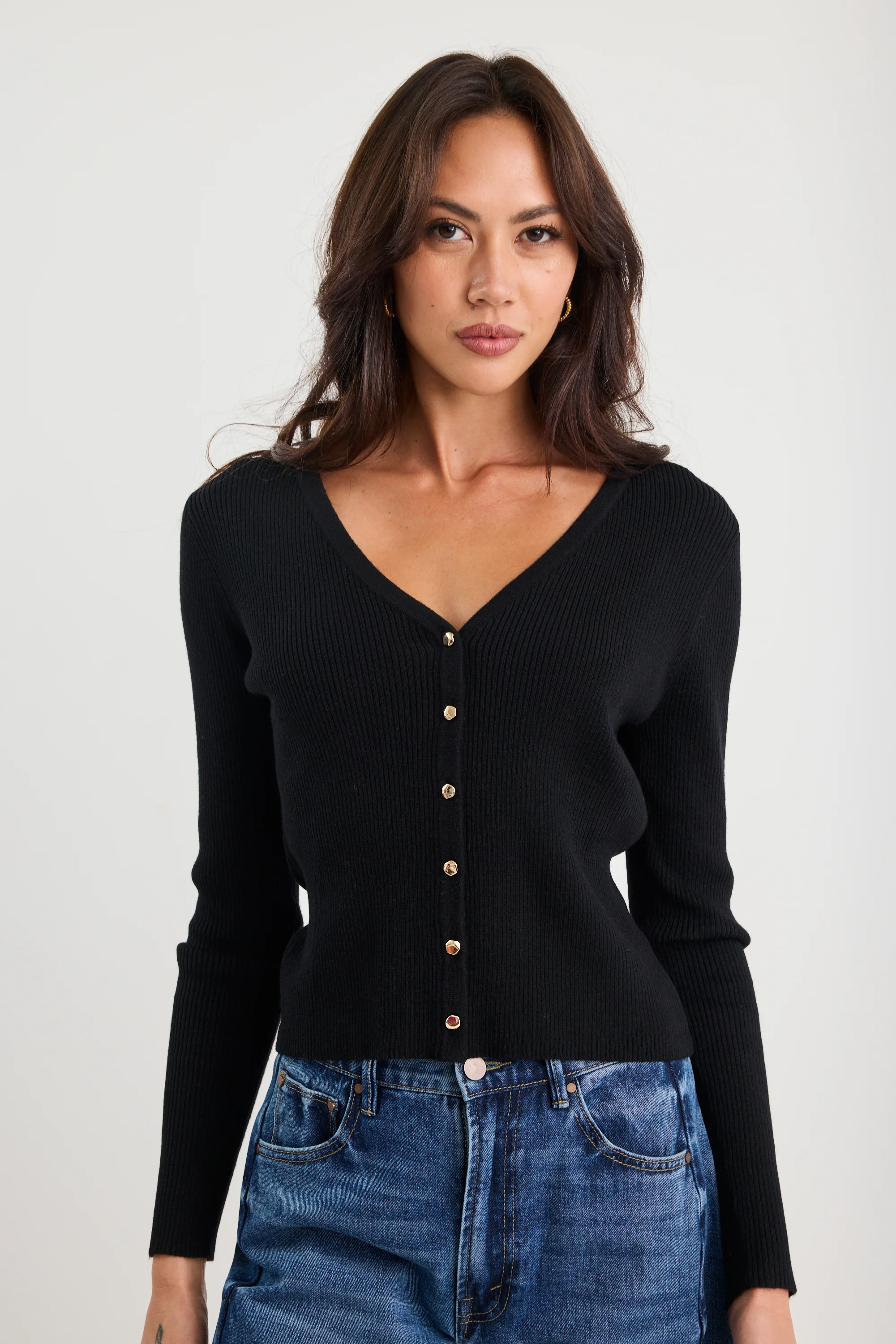Originality Black V Neck Rib Knit Cardigan - Image 3