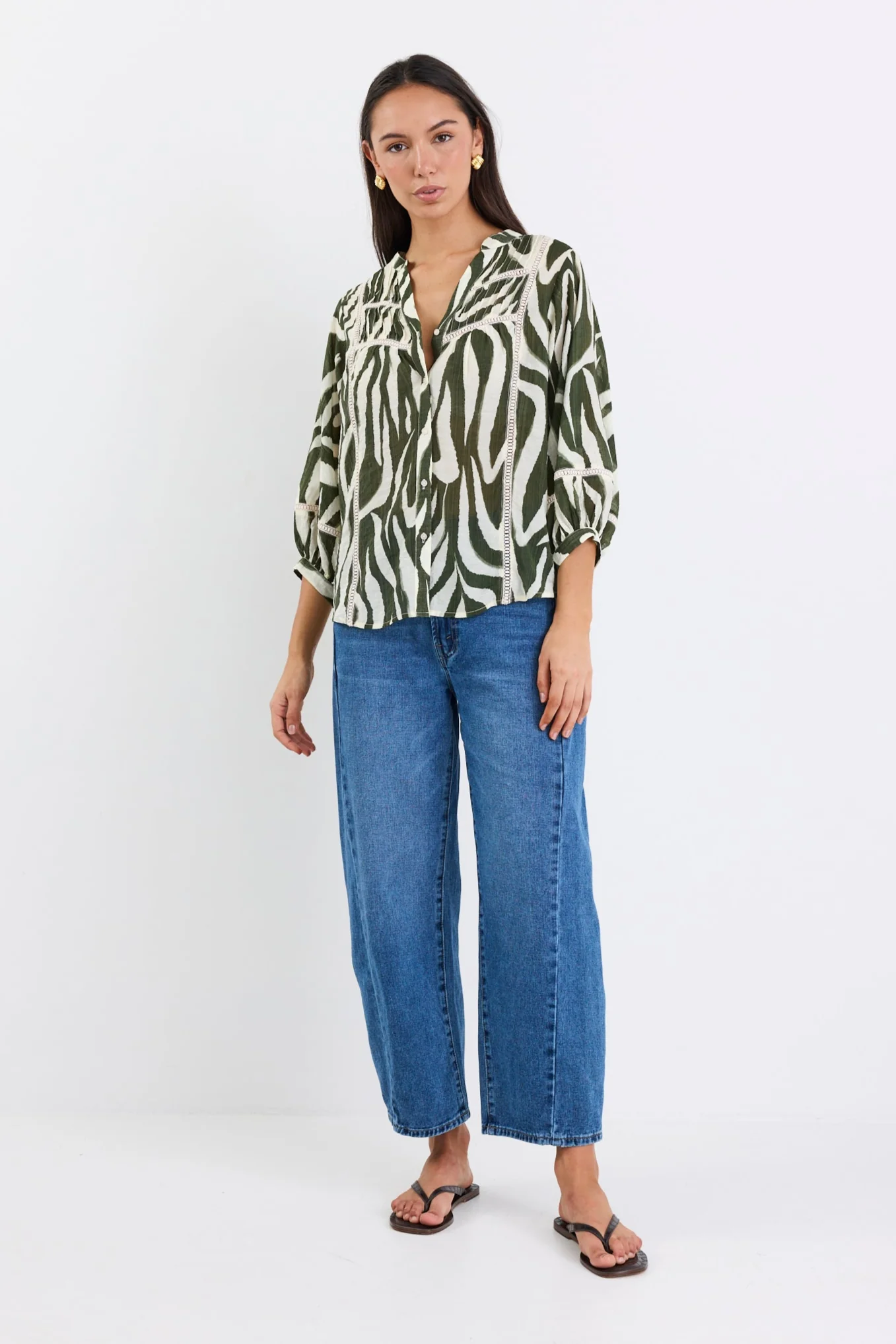 Ornamental Khaki Zebra Lace Insert Pintuck SS Shirt - Image 3