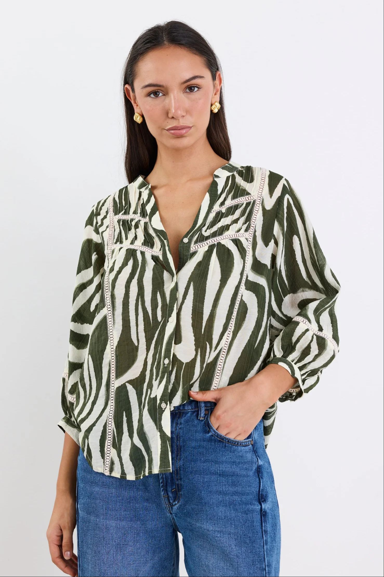 Ornamental Khaki Zebra Lace Insert Pintuck SS Shirt - Image 4