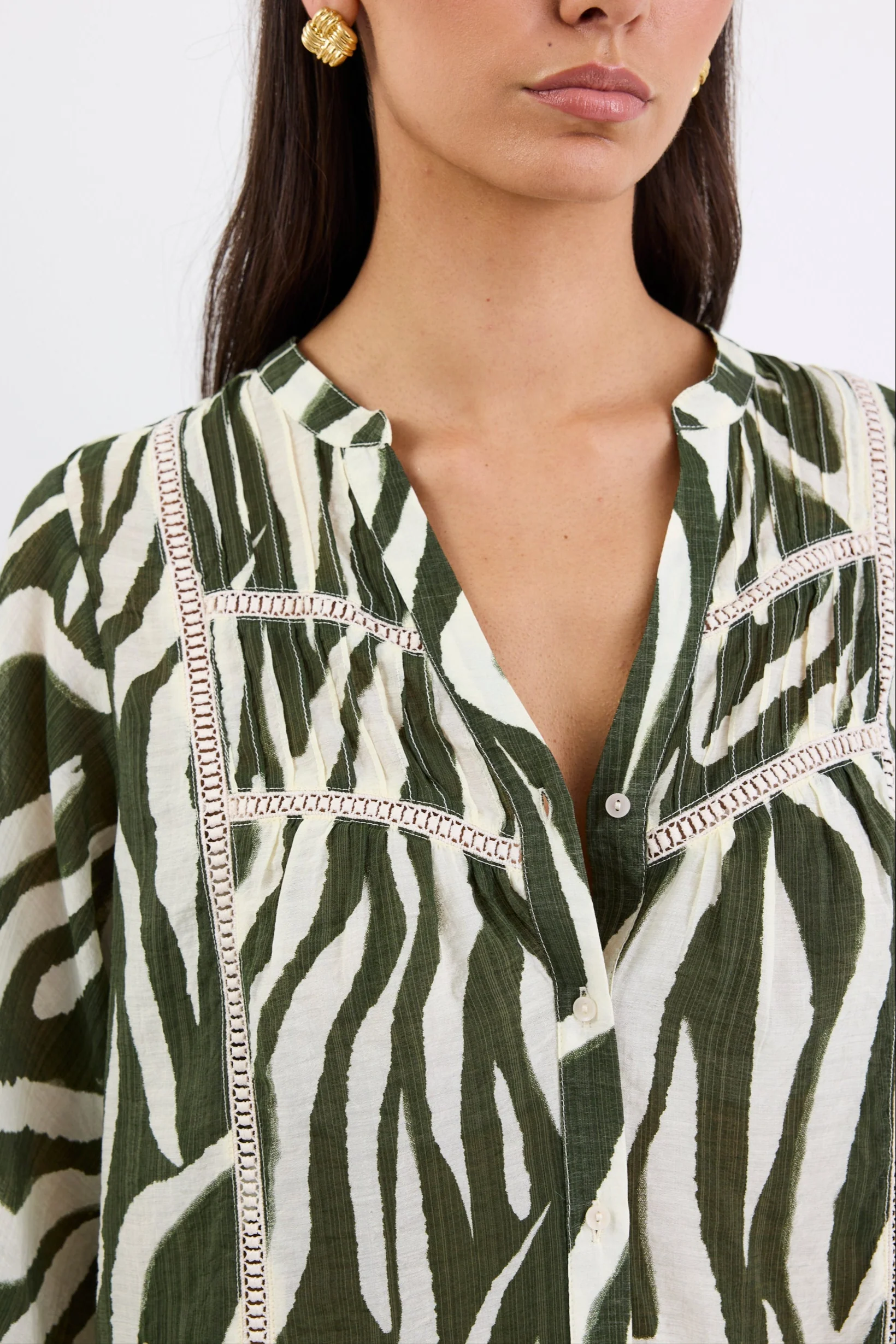 Ornamental Khaki Zebra Lace Insert Pintuck SS Shirt - Image 5