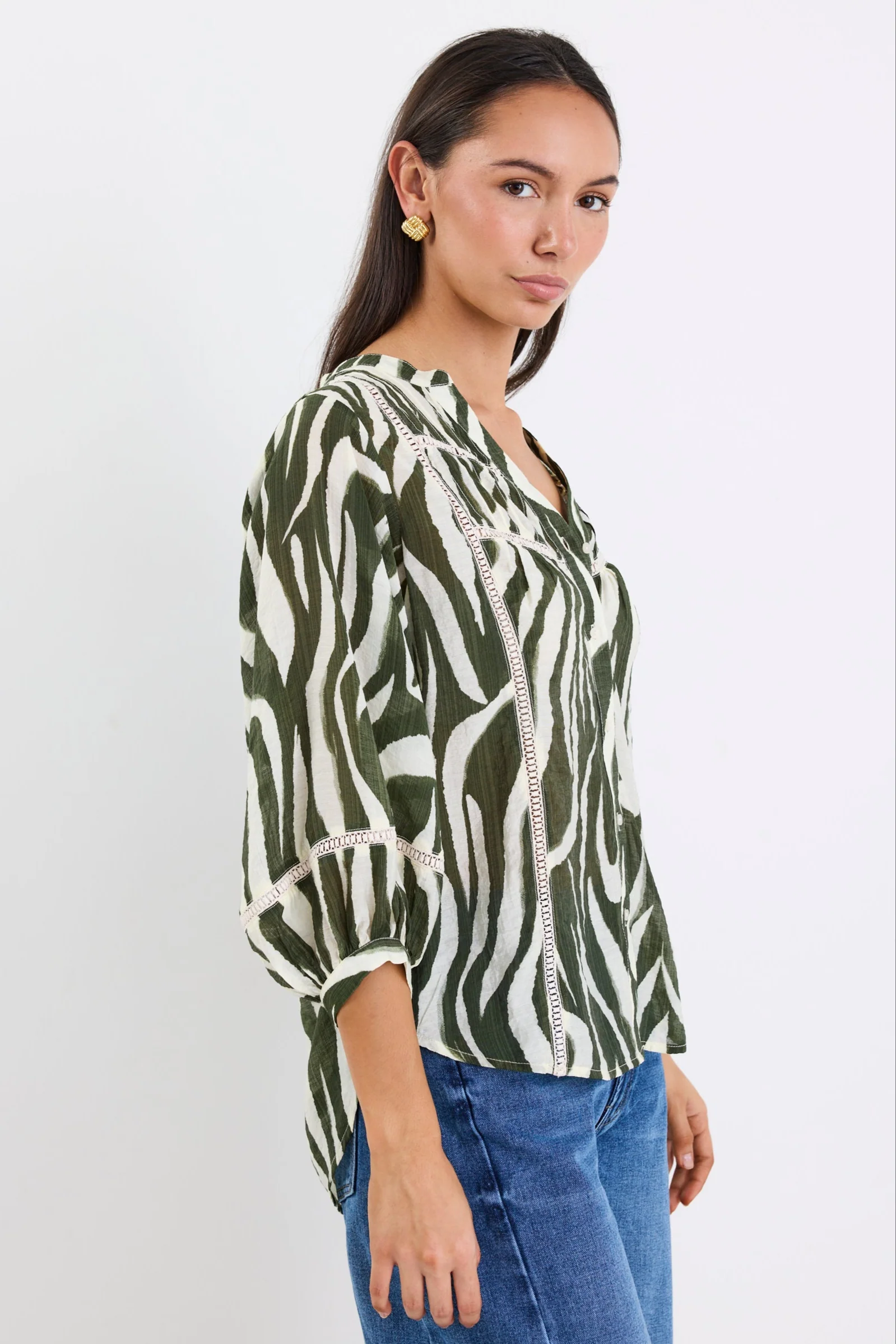 Ornamental Khaki Zebra Lace Insert Pintuck SS Shirt - Image 6