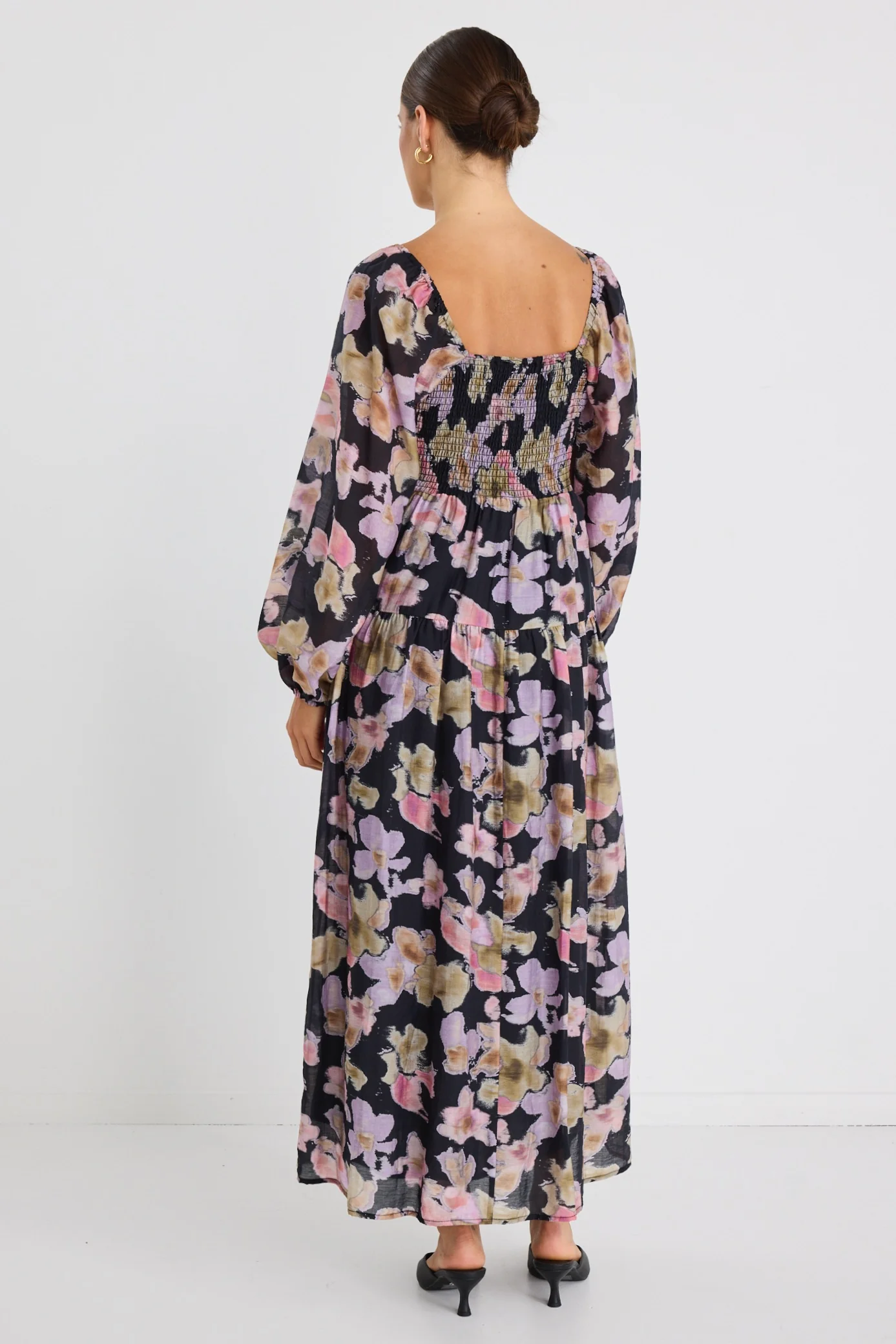 Ornelle Black Pressed Flower LS Tiered Maxi Dress - Image 6