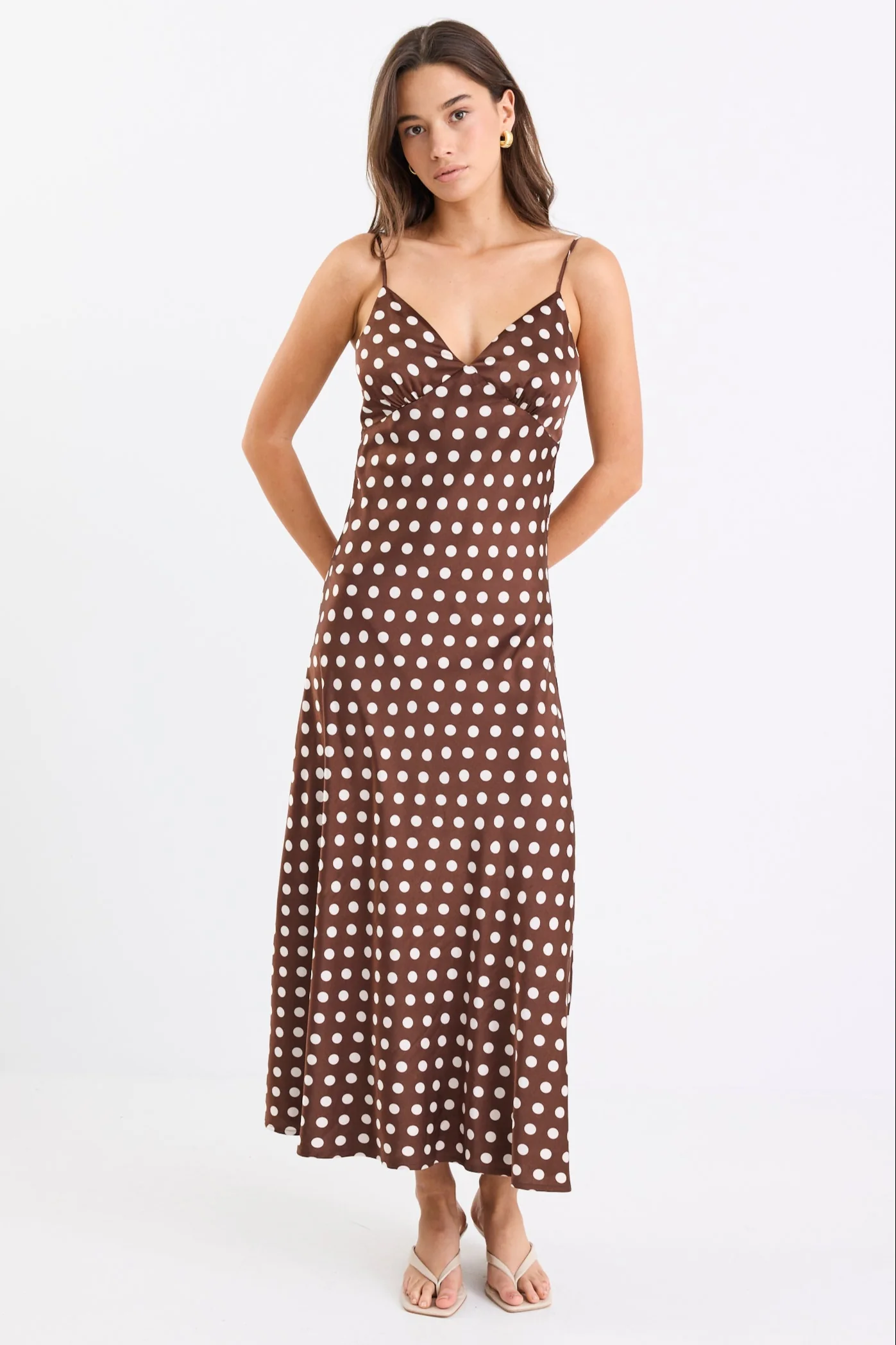 Otherworldly Chocolate Polka Dot Satin Bias Slip Midi Dress - Image 4