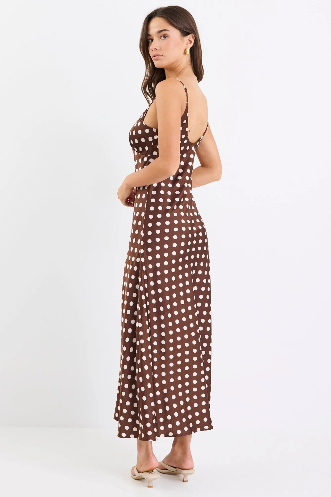 Otherworldly Chocolate Polka Dot Satin Bias Slip Midi Dress - Image 6