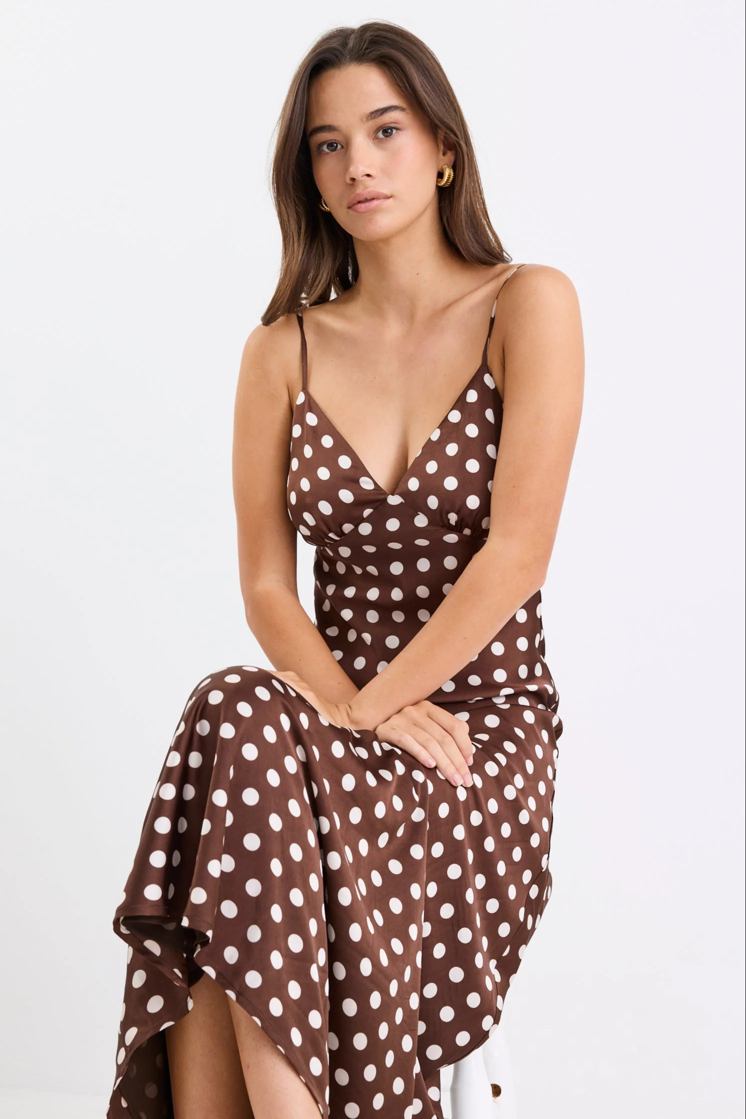 Otherworldly Chocolate Polka Dot Satin Bias Slip Midi Dress - Image 7