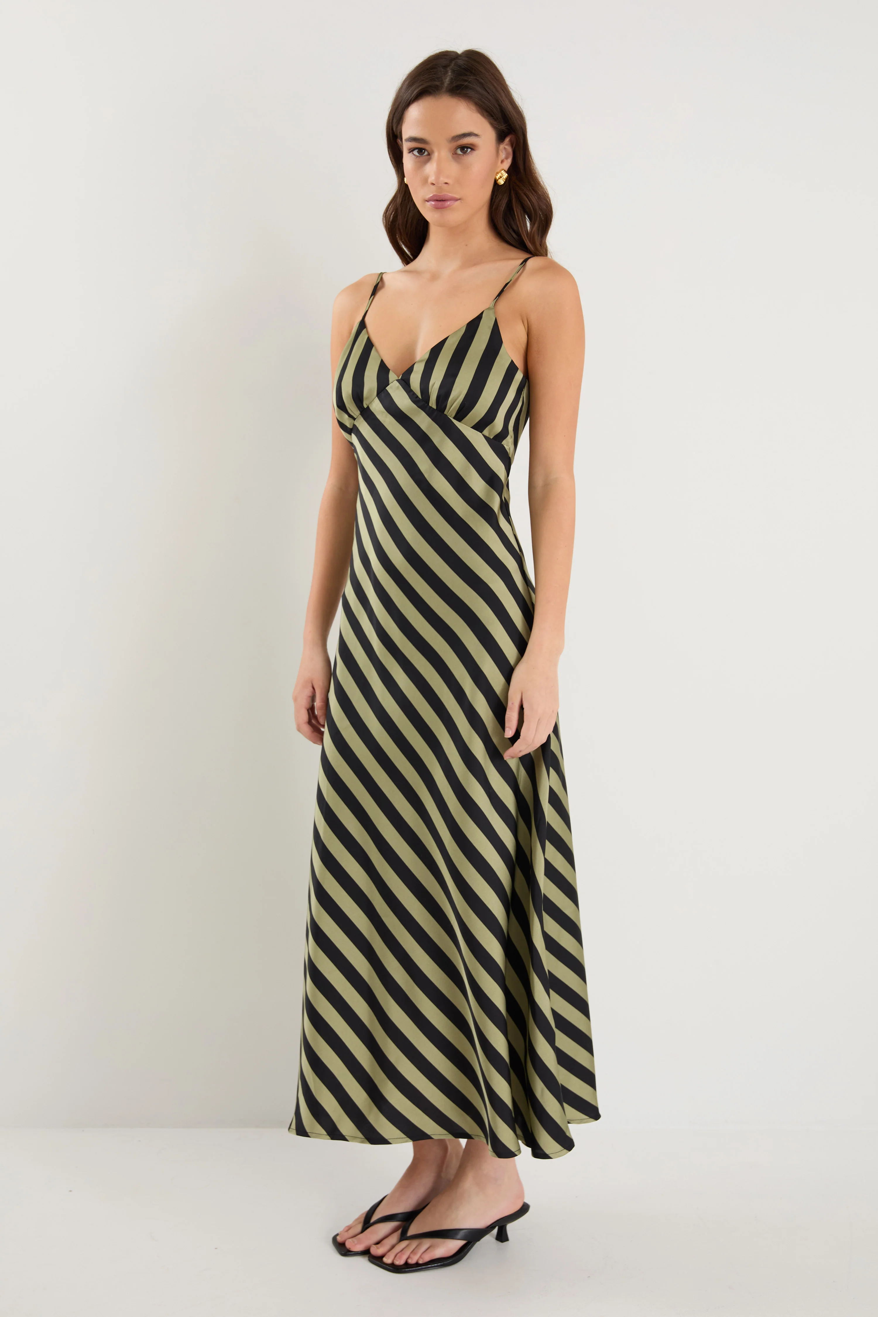 Otherworldly Khaki Black Stripe Satin Bias Slip Midi Dress - Image 3