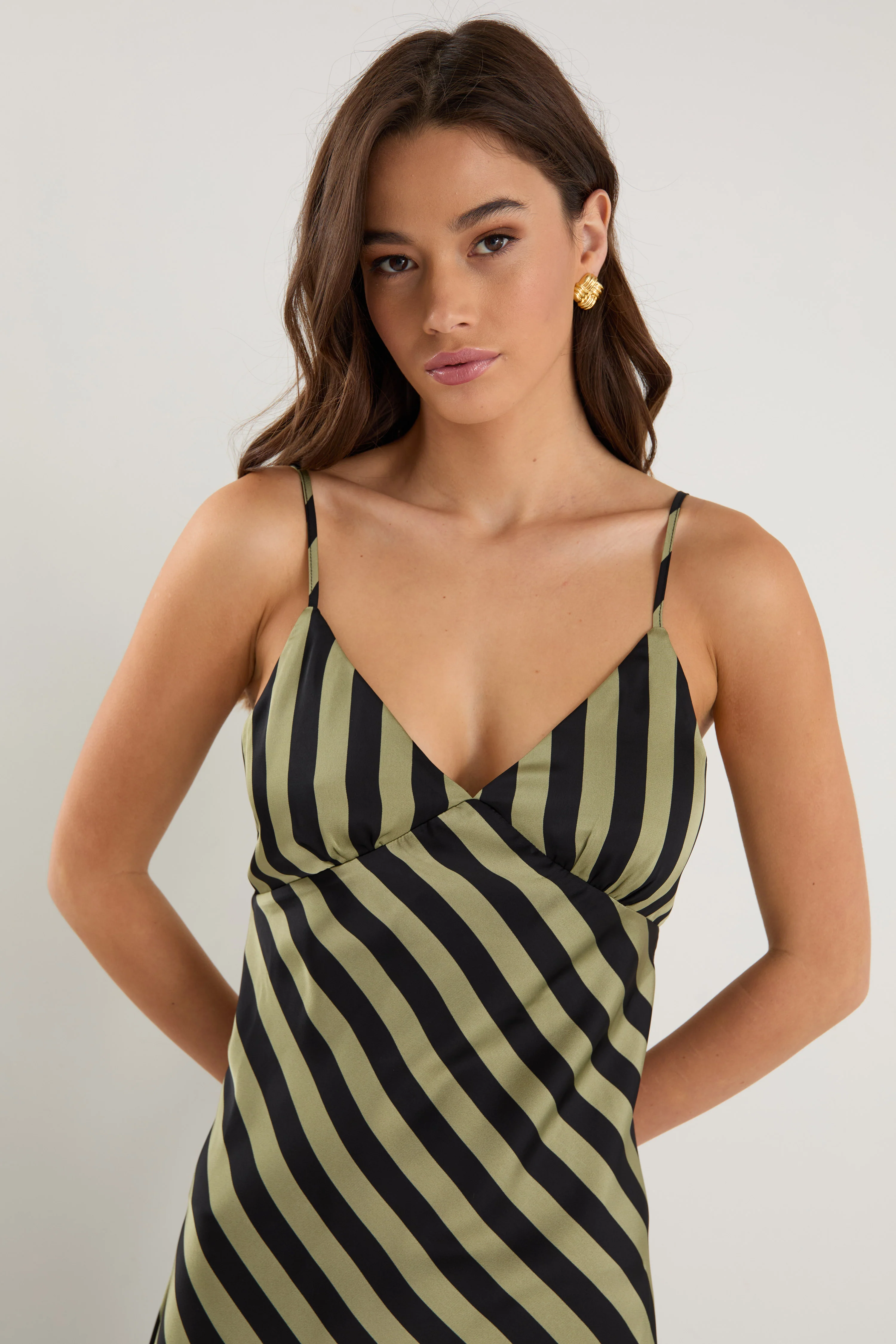 Otherworldly Khaki Black Stripe Satin Bias Slip Midi Dress - Image 4