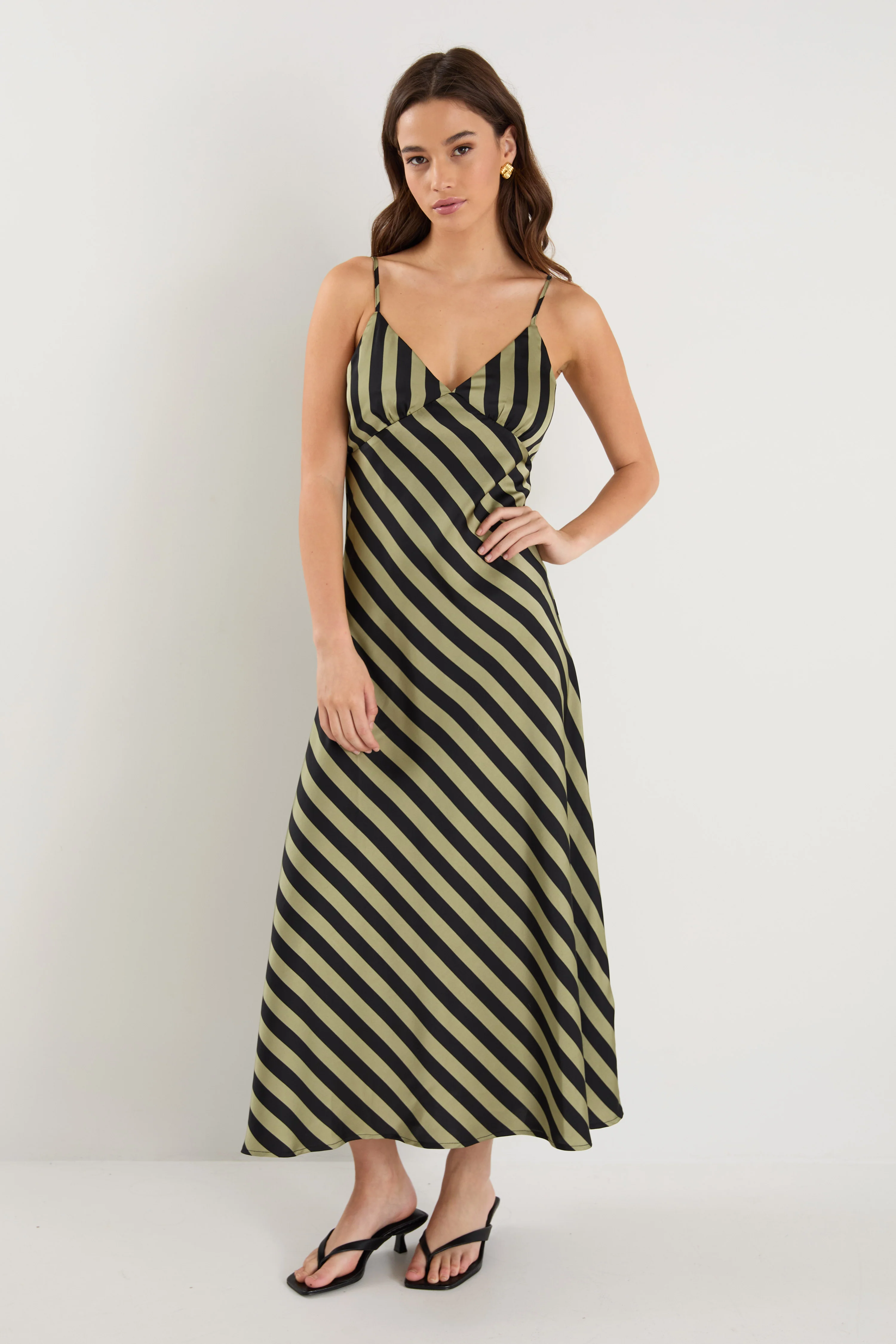 Otherworldly Khaki Black Stripe Satin Bias Slip Midi Dress - Image 5