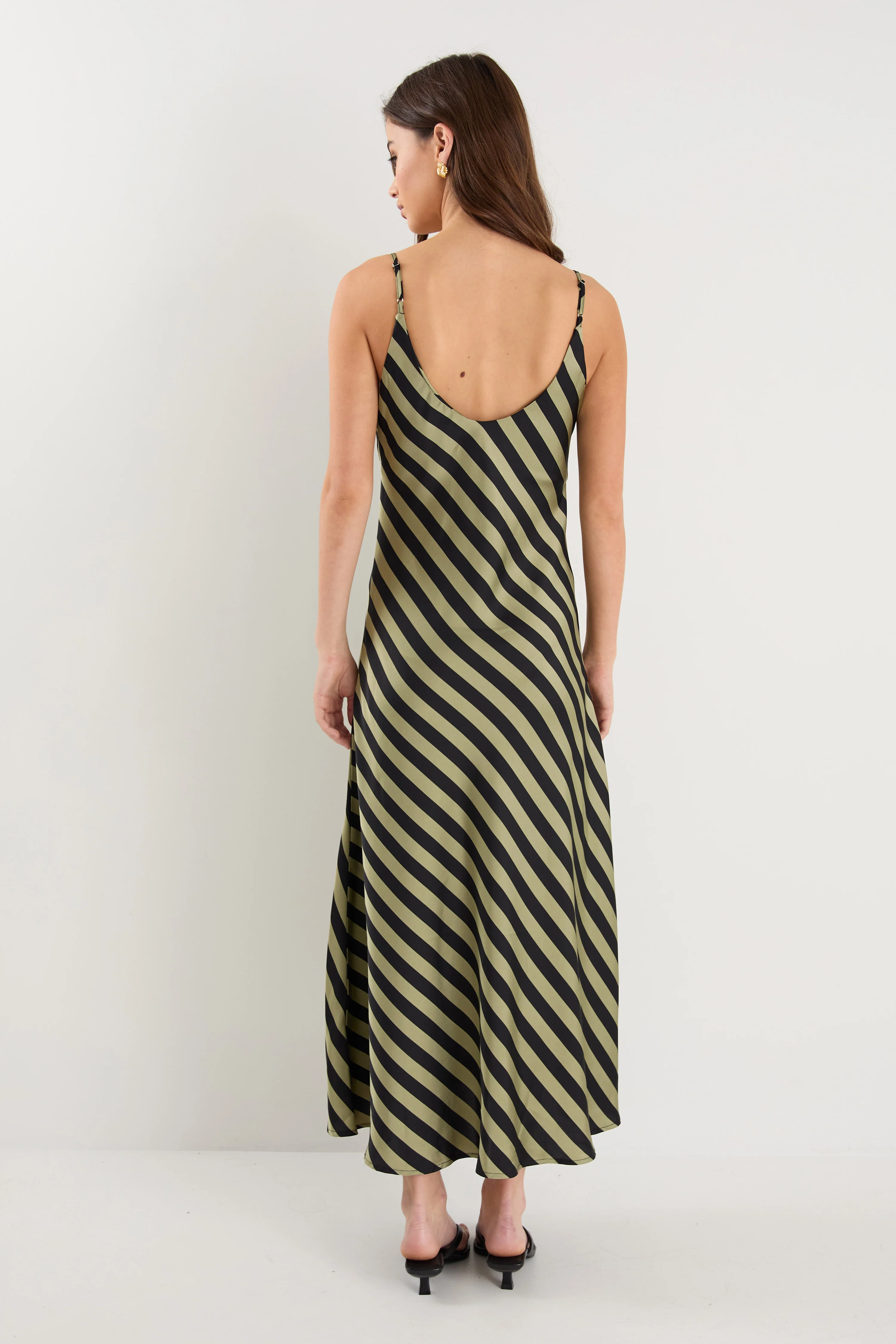 Otherworldly Khaki Black Stripe Satin Bias Slip Midi Dress - Image 6