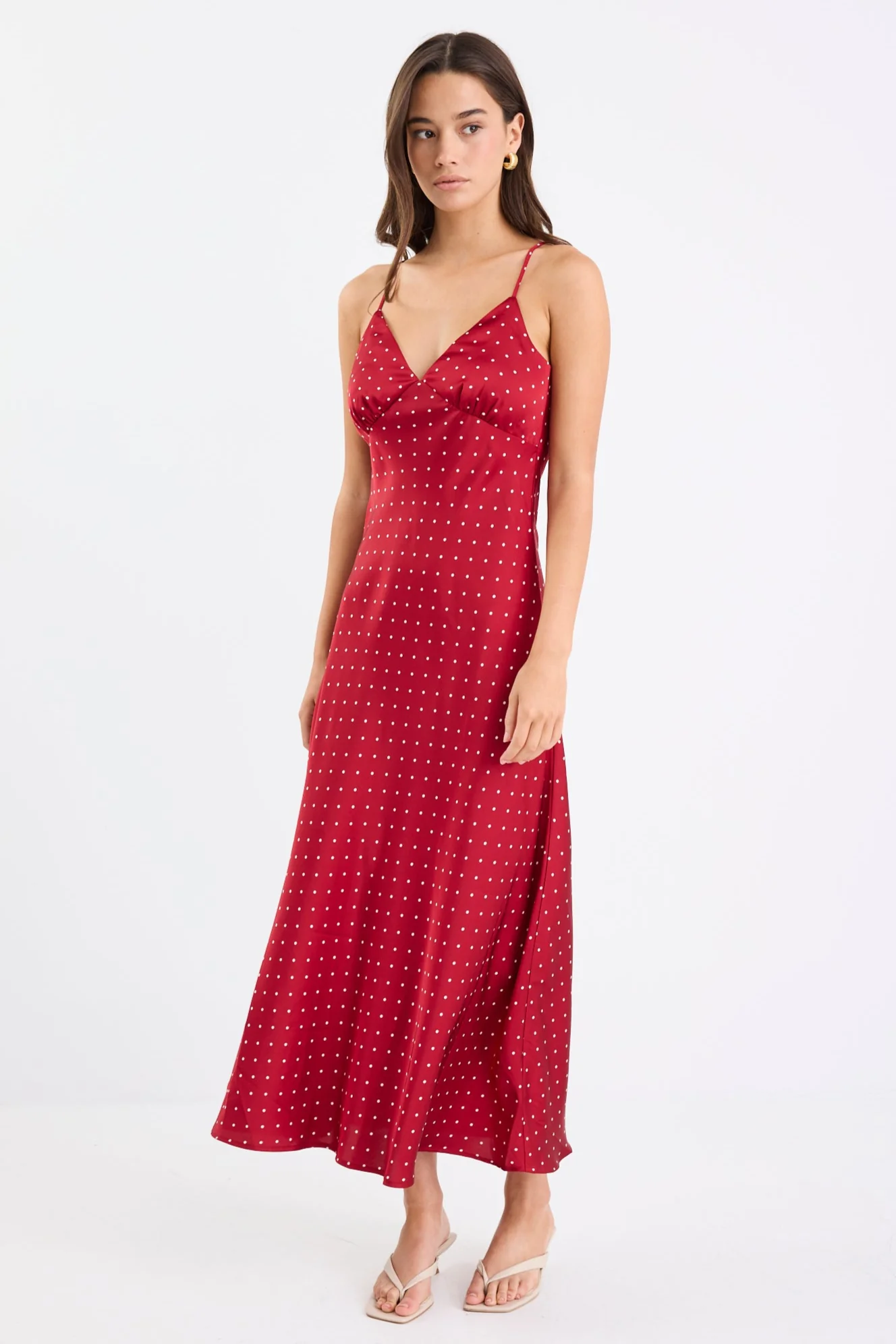 Otherworldly Red Polka Dot Satin Bias Slip Midi Dress