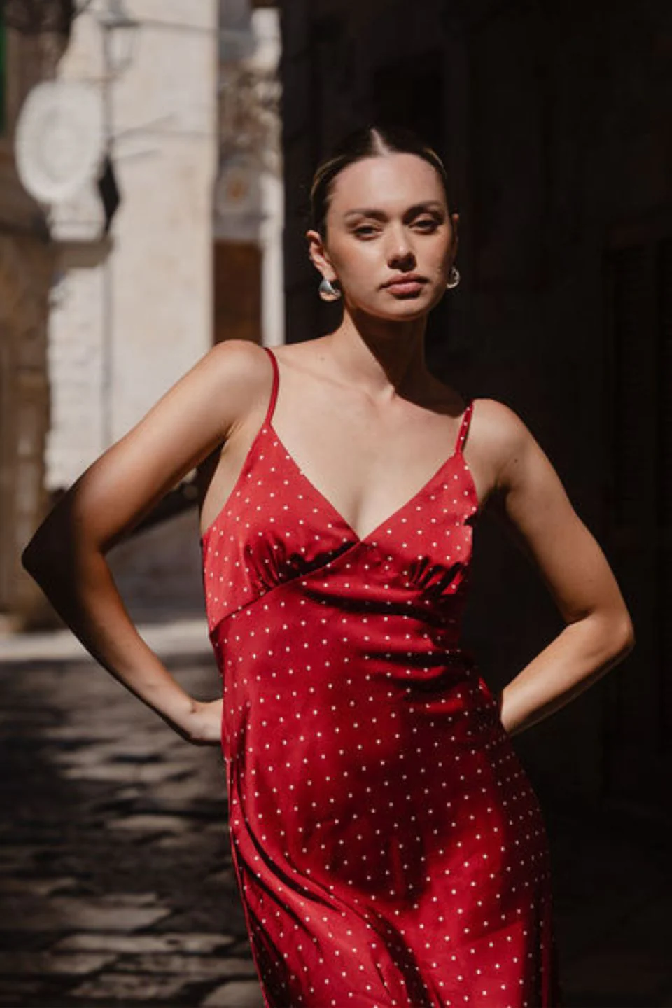 Otherworldly Red Polka Dot Satin Bias Slip Midi Dress - Image 2