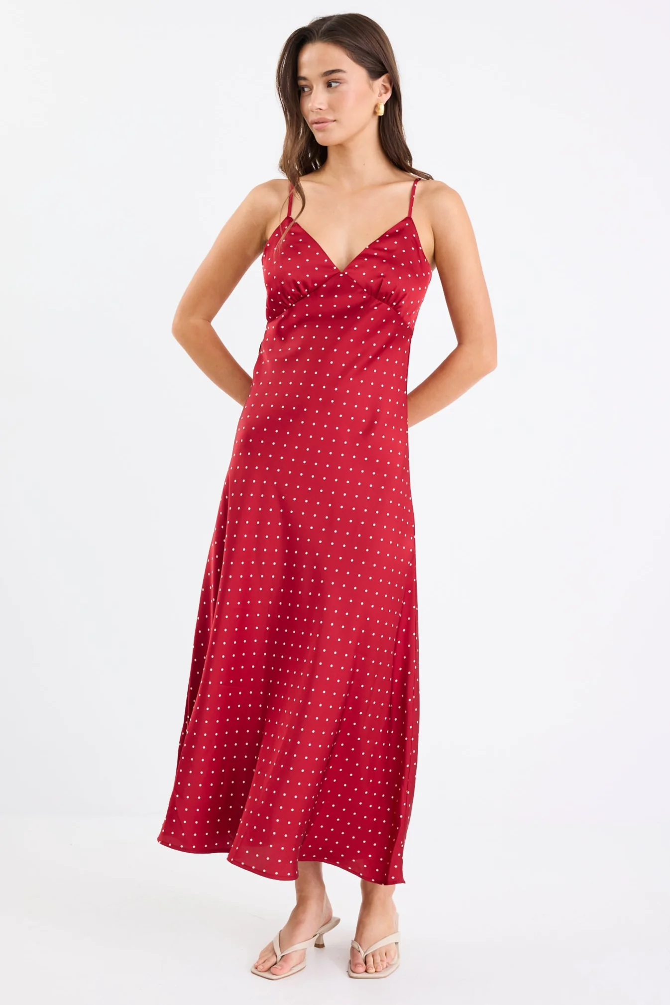 Otherworldly Red Polka Dot Satin Bias Slip Midi Dress - Image 3
