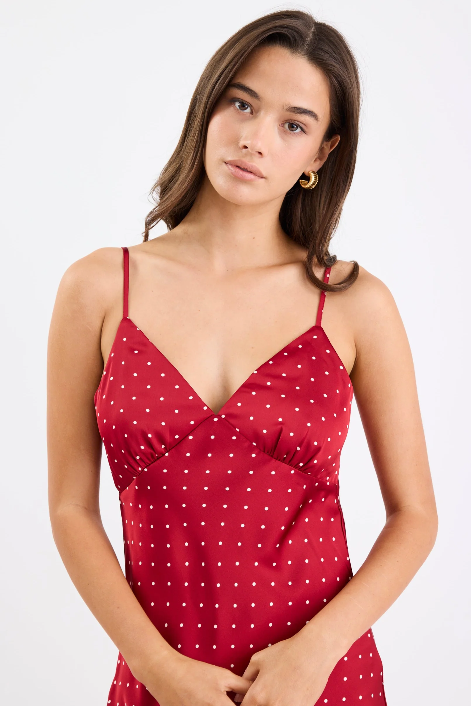 Otherworldly Red Polka Dot Satin Bias Slip Midi Dress - Image 4