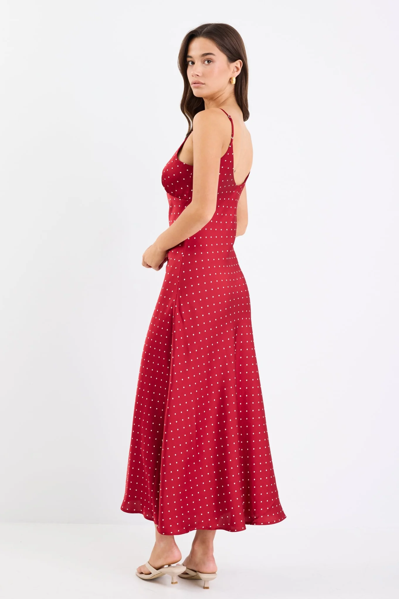 Otherworldly Red Polka Dot Satin Bias Slip Midi Dress - Image 5