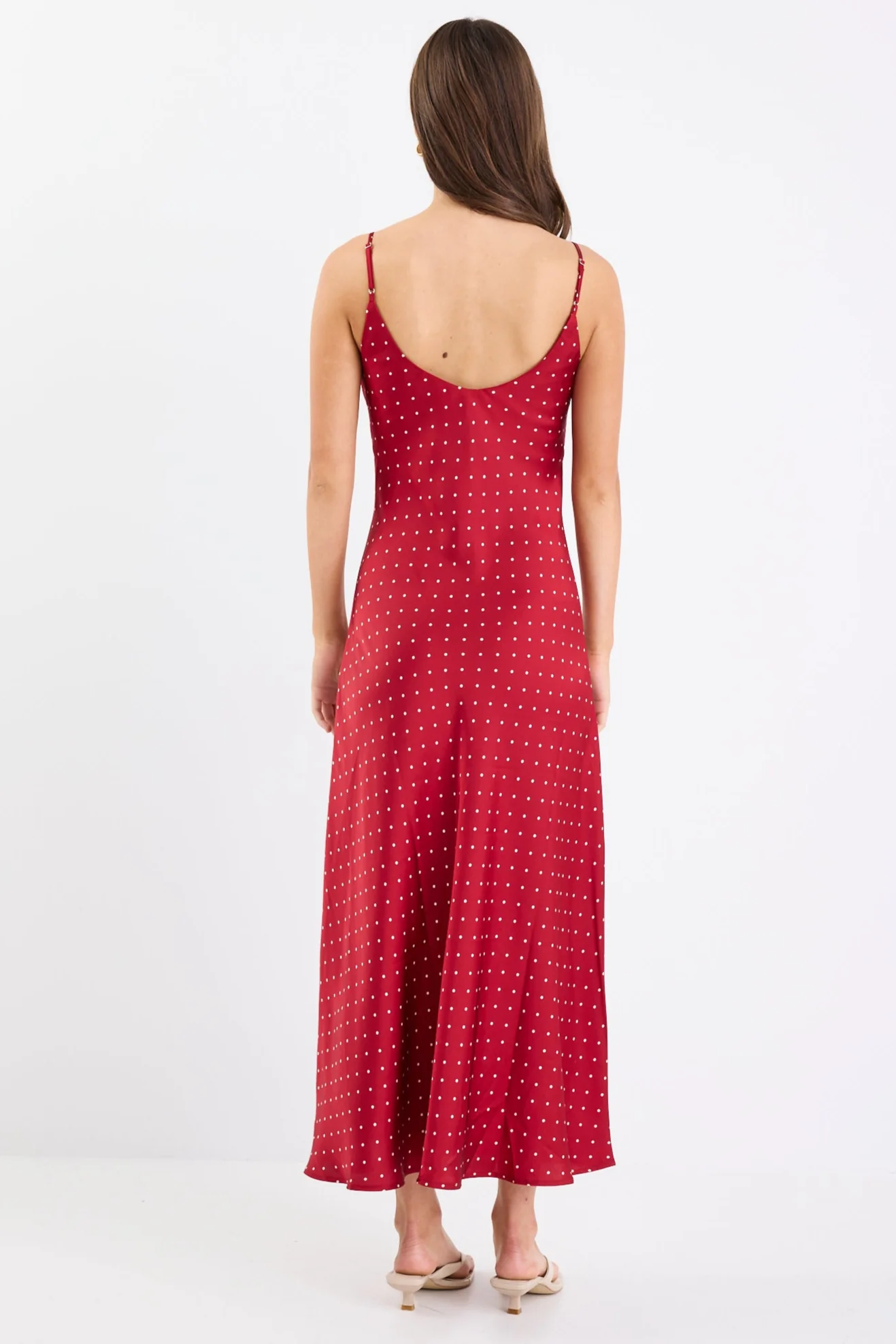 Otherworldly Red Polka Dot Satin Bias Slip Midi Dress - Image 6