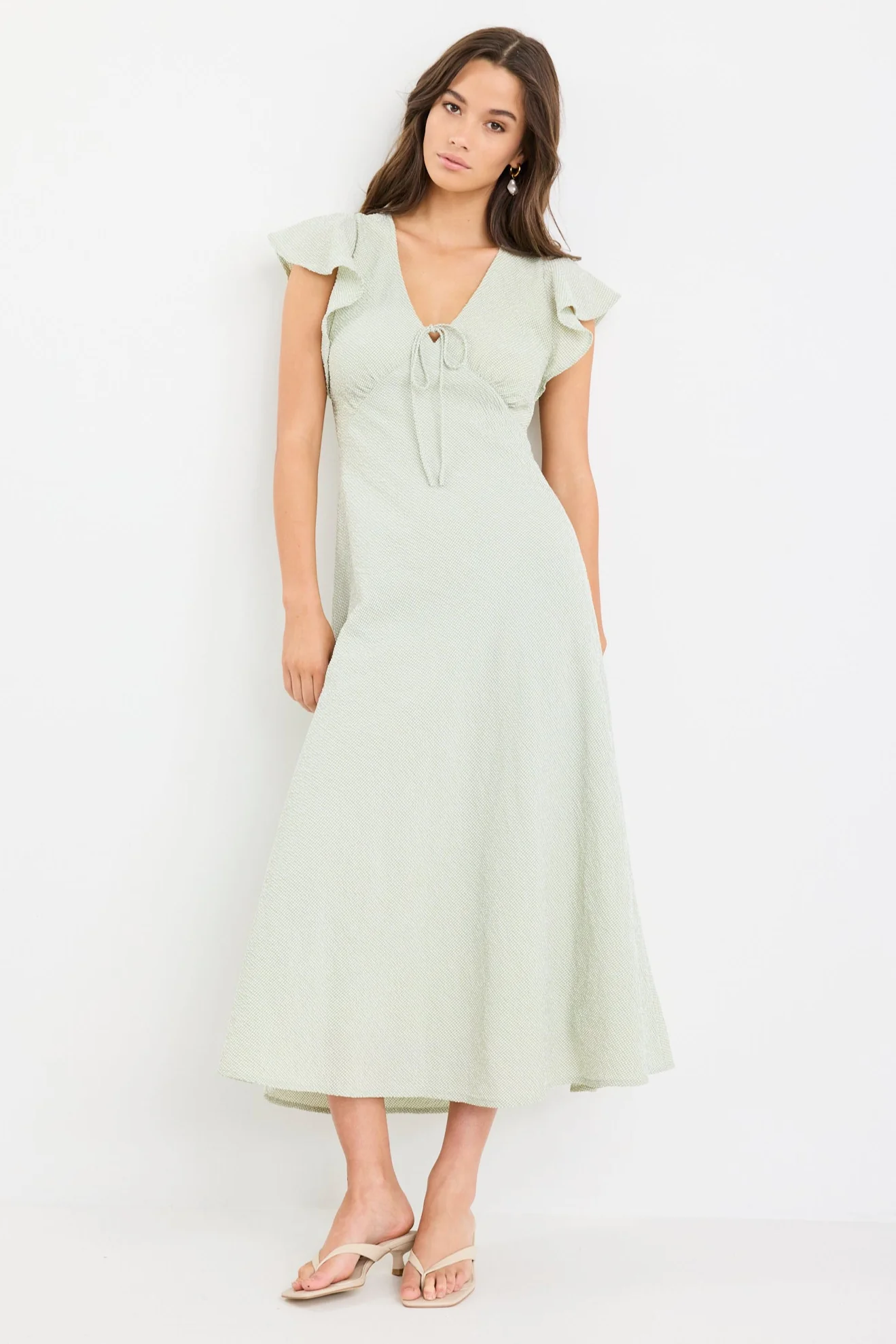 Ovation Sage Gingham Flutter SS Keyhole Tie Midi Dress