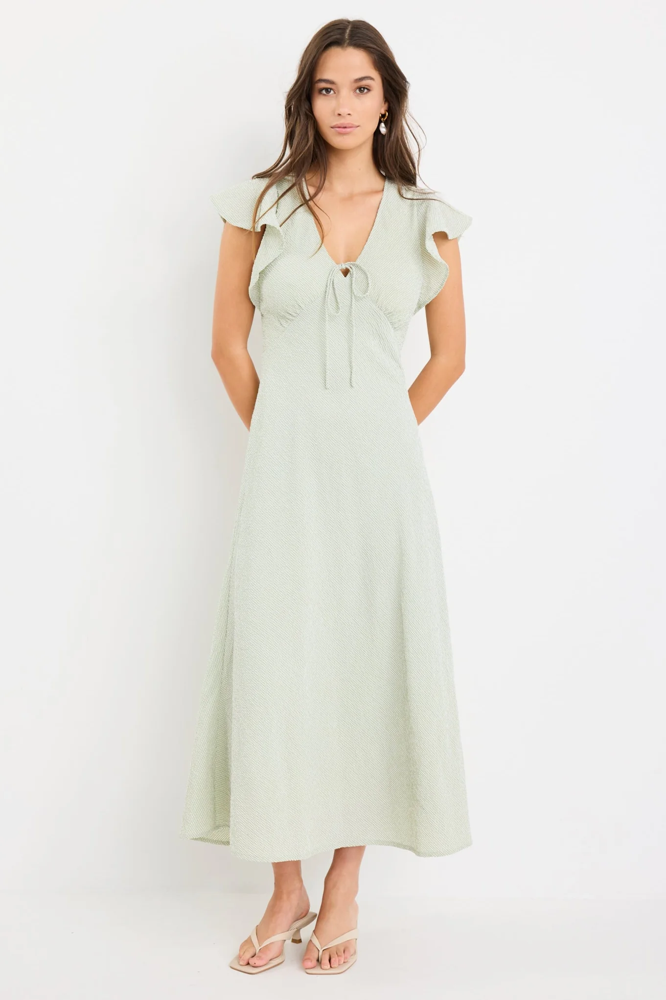 Ovation Sage Gingham Flutter SS Keyhole Tie Midi Dress - Image 2