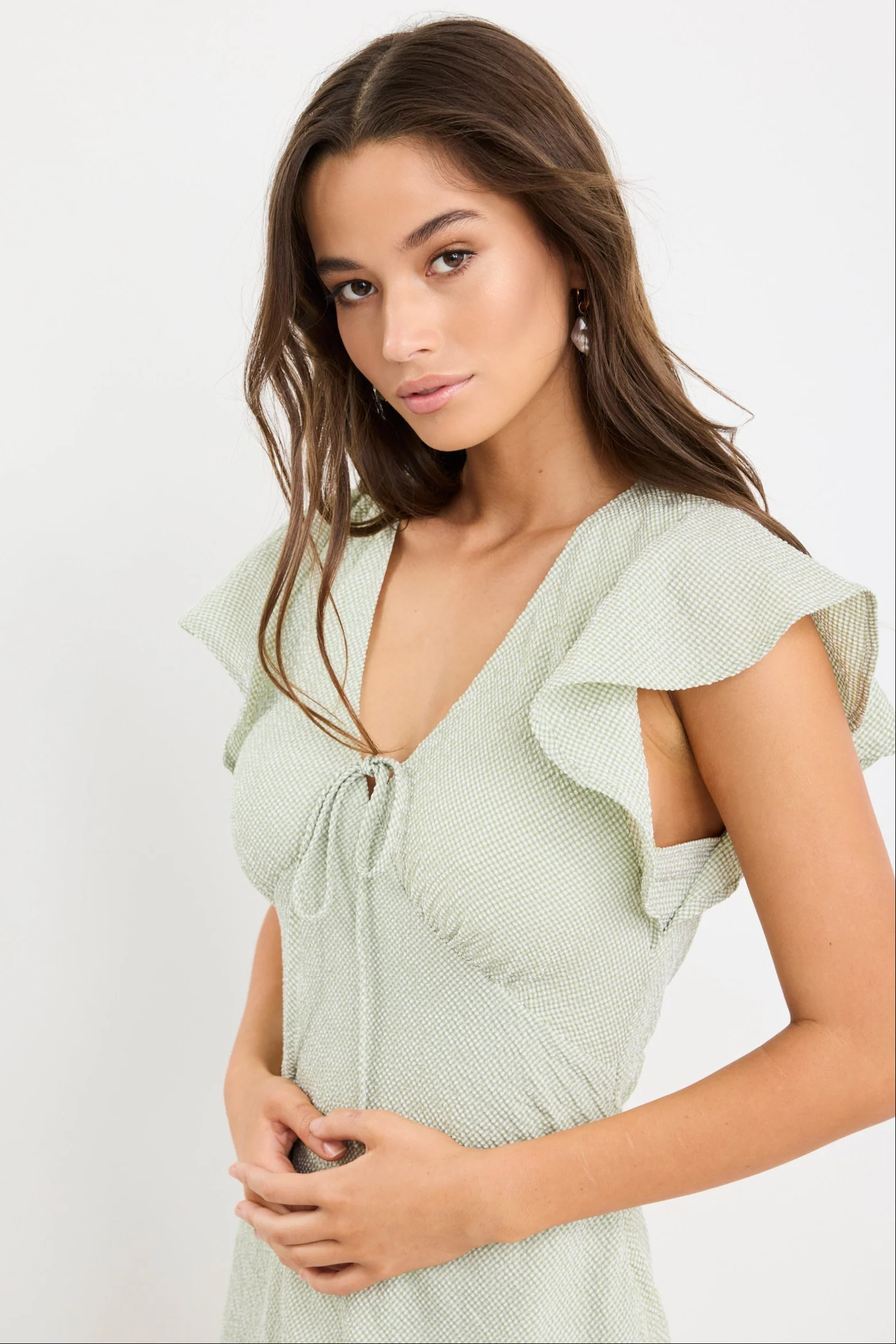 Ovation Sage Gingham Flutter SS Keyhole Tie Midi Dress - Image 3