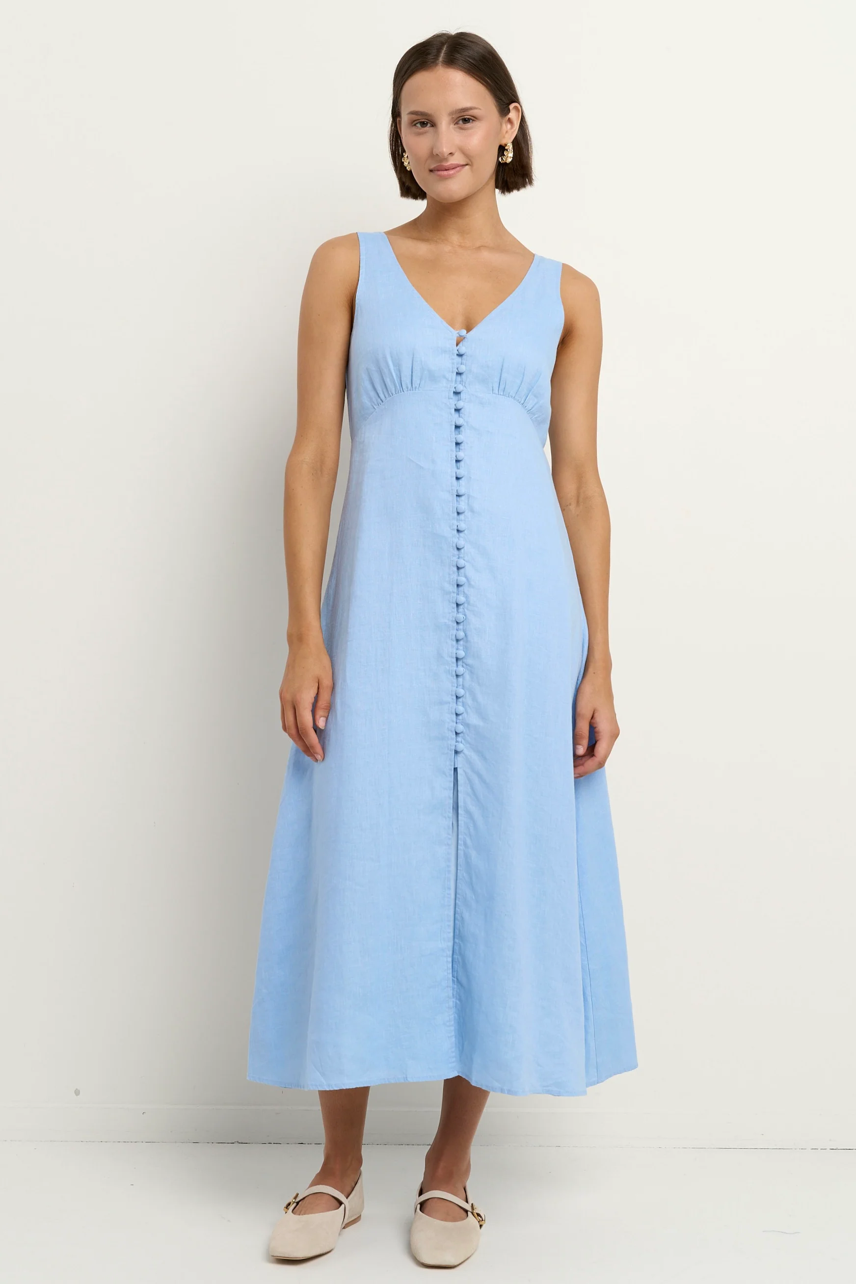 Panama Sky Blue Linen Sleeveless Button Front Midi Dress