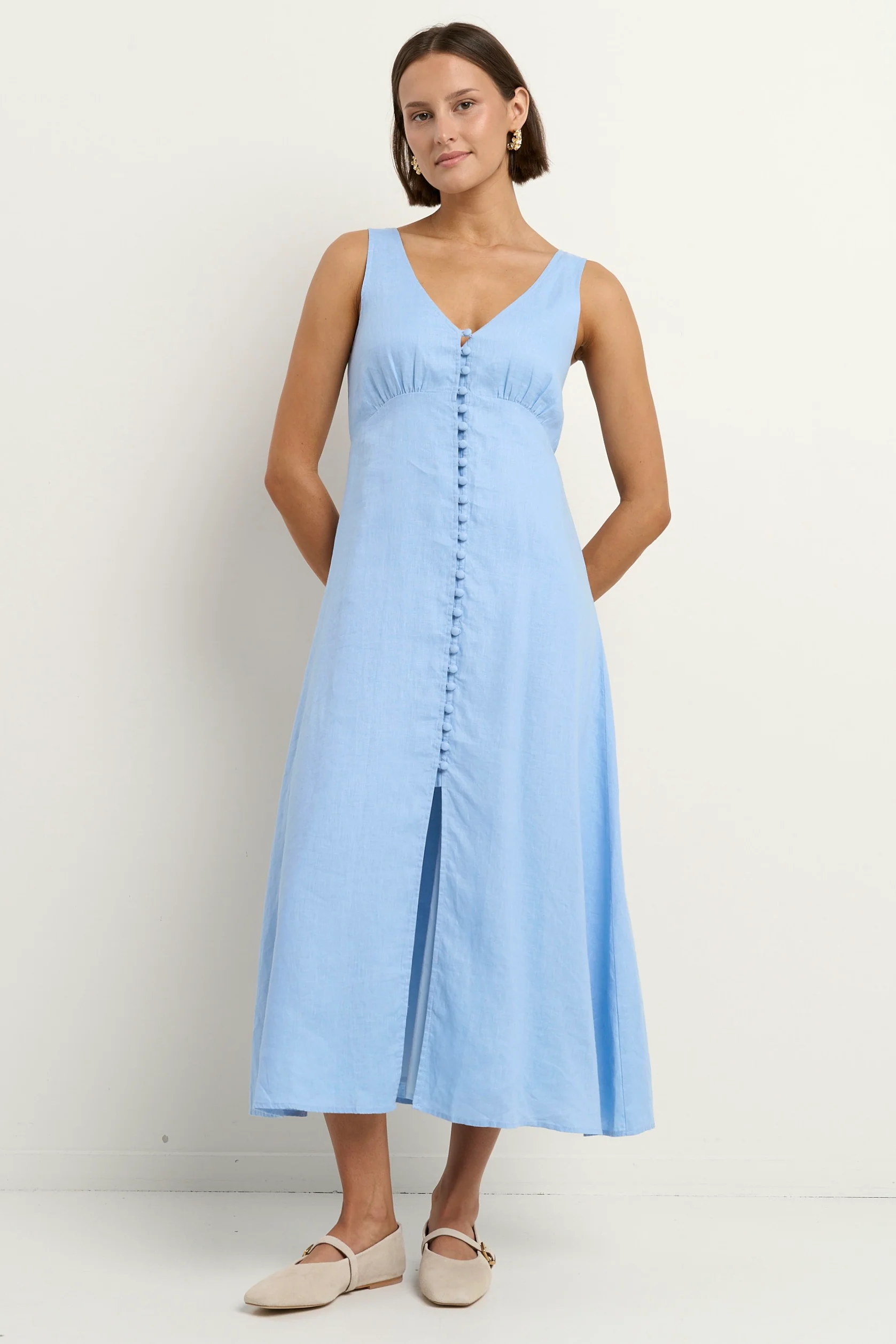 Panama Sky Blue Linen Sleeveless Button Front Midi Dress - Image 3