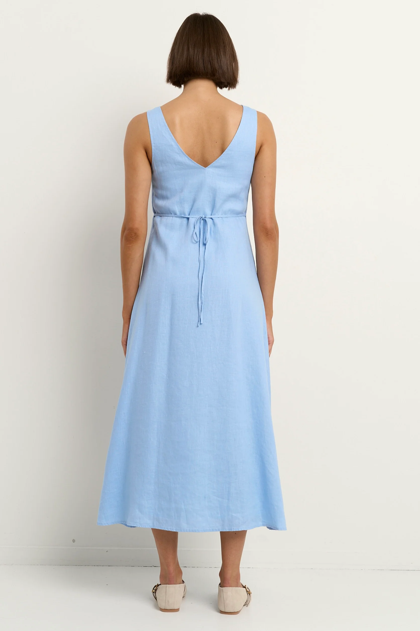 Panama Sky Blue Linen Sleeveless Button Front Midi Dress - Image 4