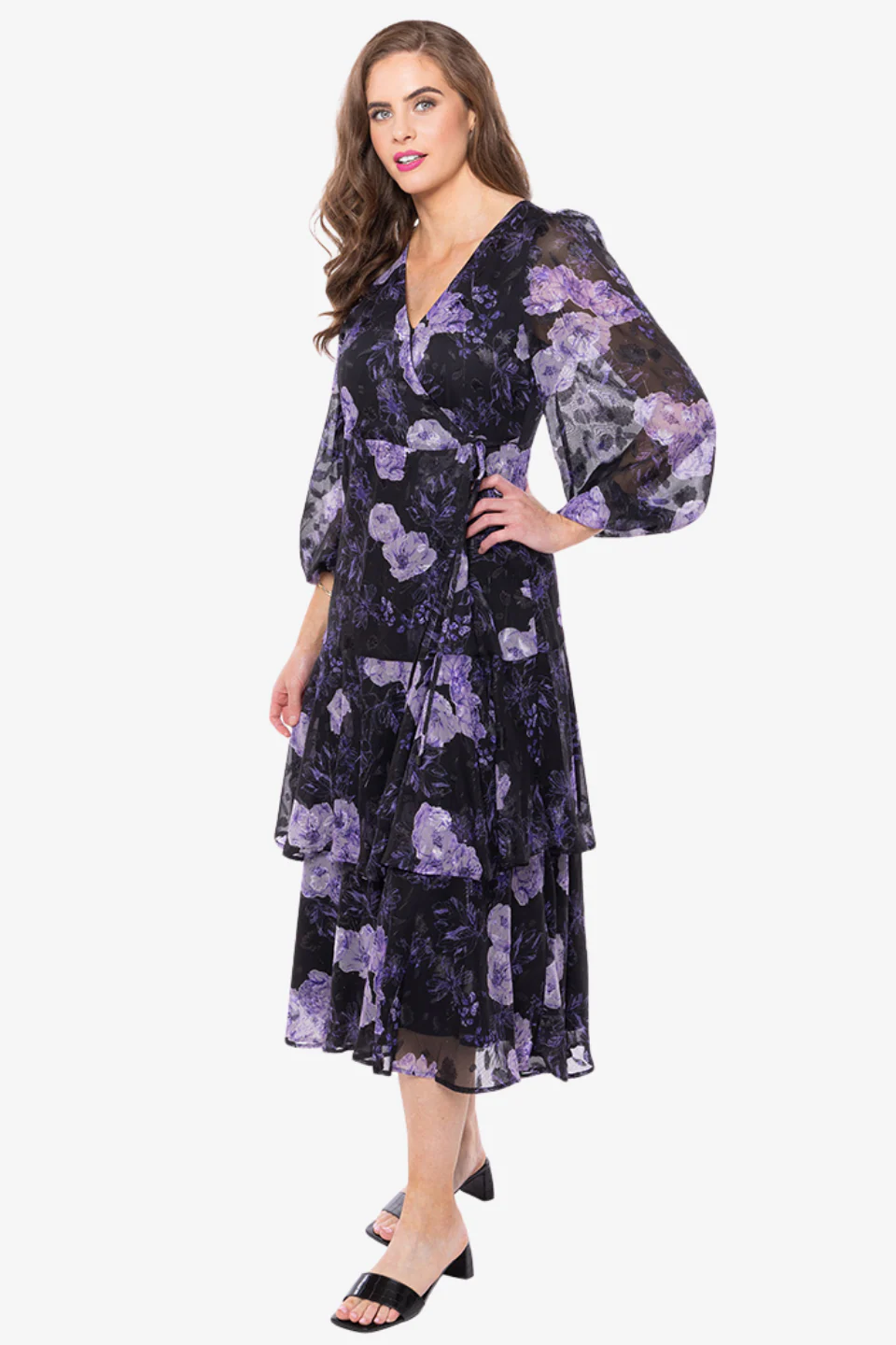 Paradise Black Lilac Burnout Floral Wrap LS Midi Dress - Image 3
