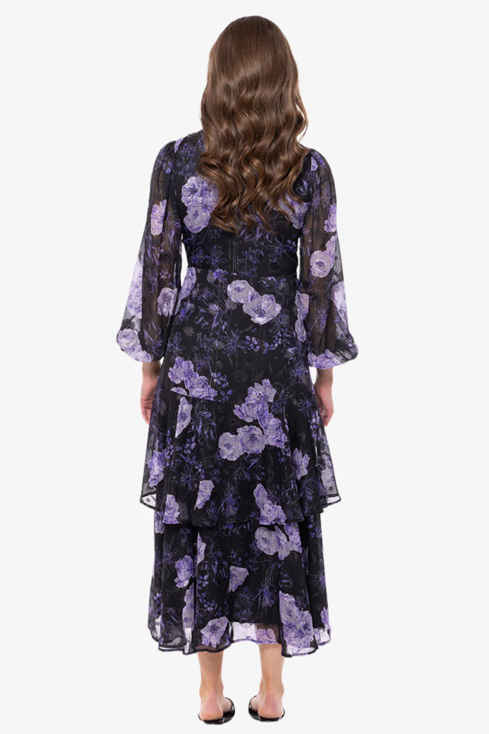 Paradise Black Lilac Burnout Floral Wrap LS Midi Dress - Image 4