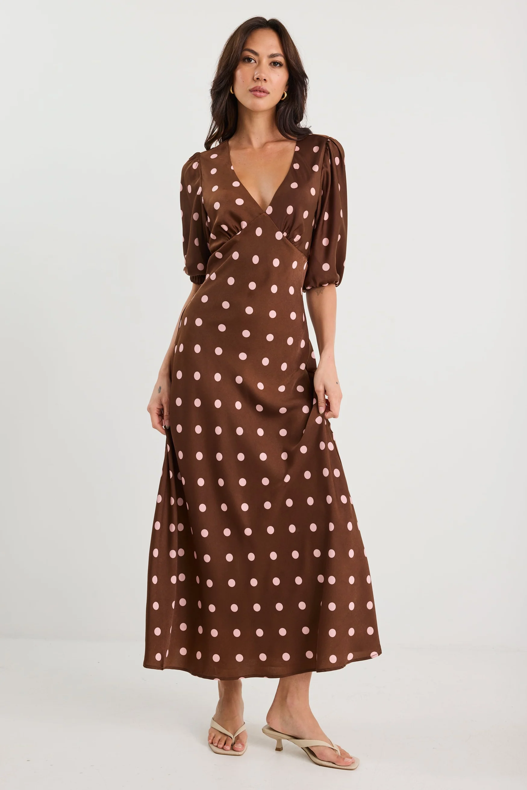 Paramour Chocolate Polka Dot Satin Puff Short Sleeve Bias Maxi Dress - Image 3