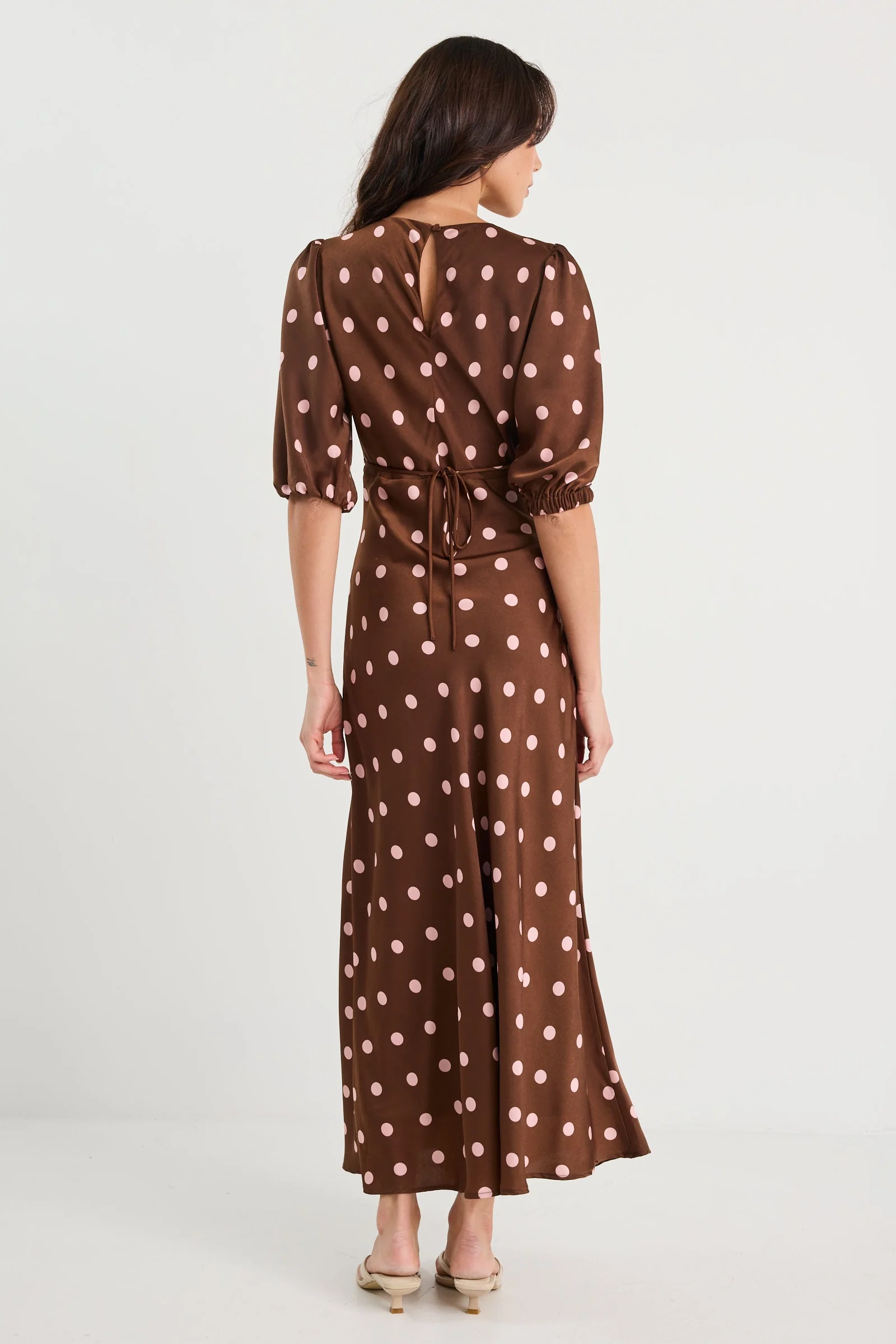 Paramour Chocolate Polka Dot Satin Puff Short Sleeve Bias Maxi Dress - Image 5