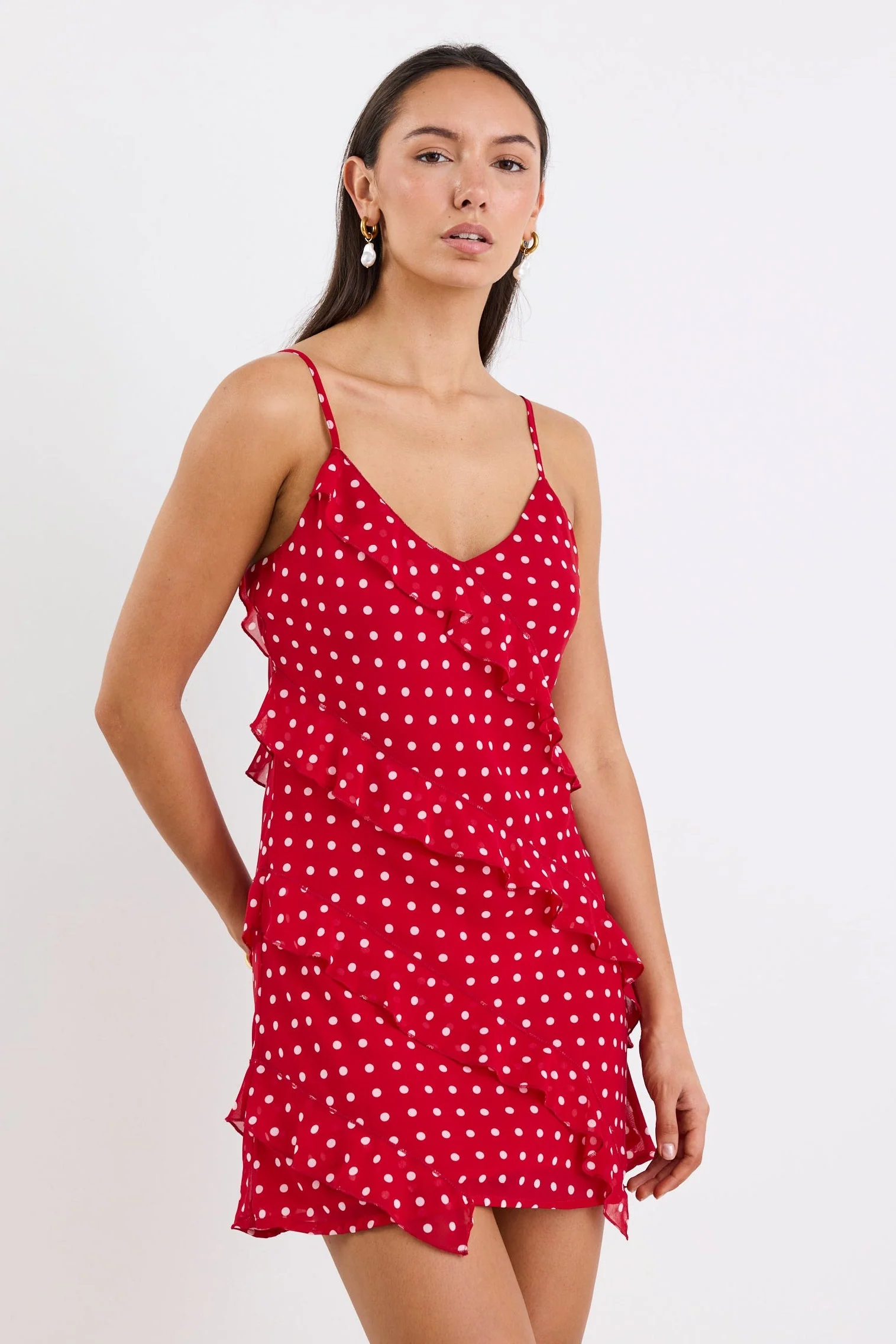 Passion Cherry Ditsy Polka Dot Bias Ruffle Mini Slip Dress - Image 2