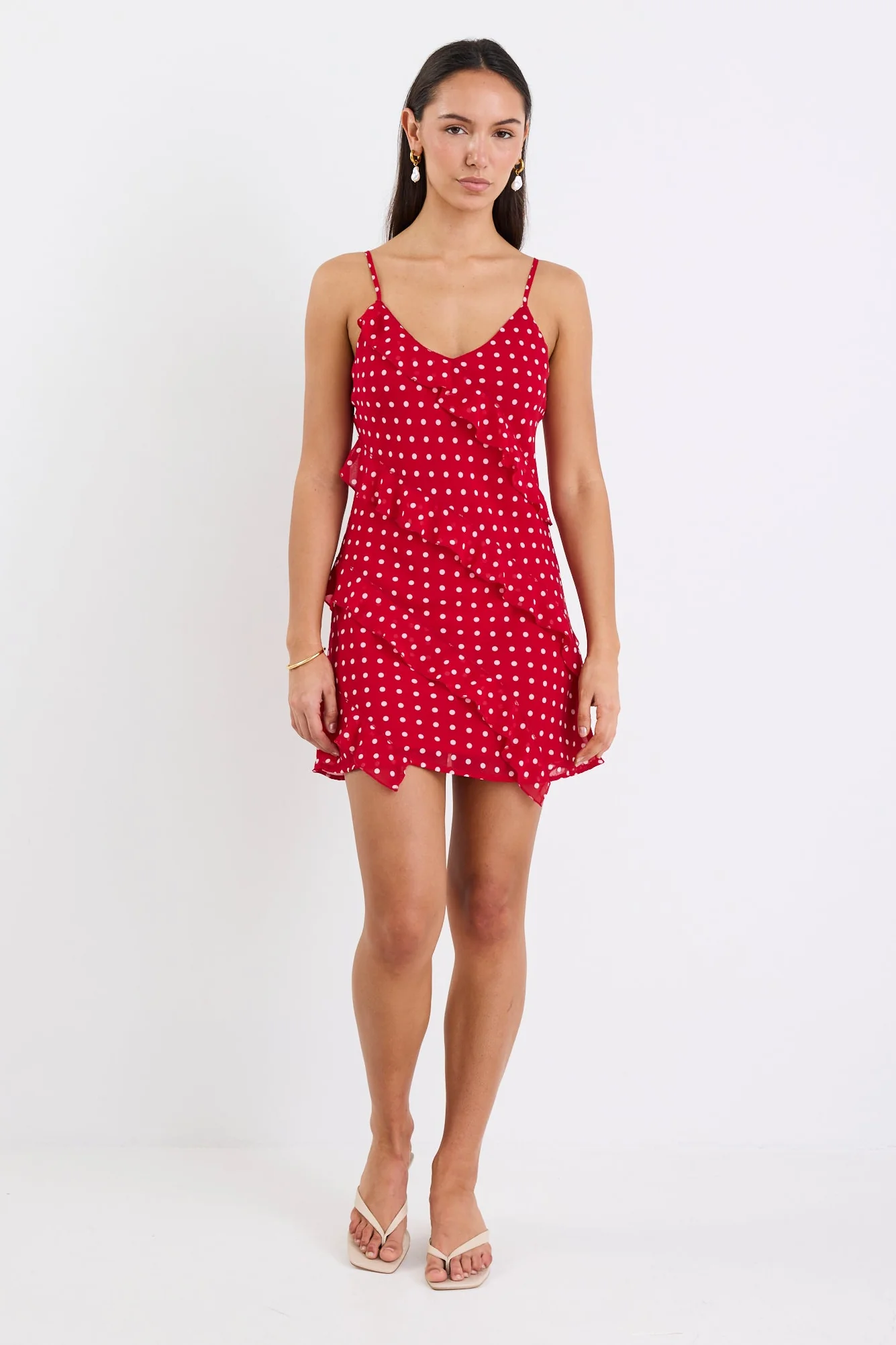 Passion Cherry Ditsy Polka Dot Bias Ruffle Mini Slip Dress - Image 3
