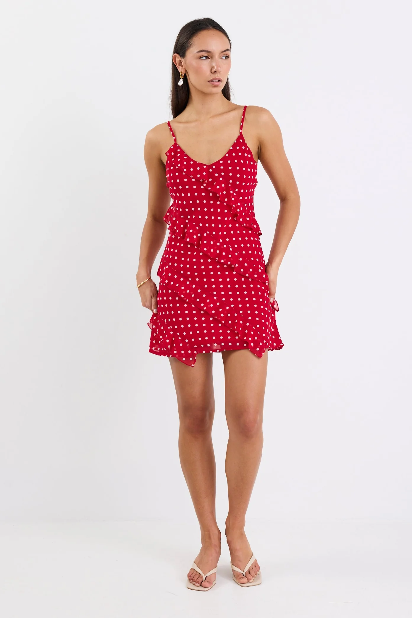 Passion Cherry Ditsy Polka Dot Bias Ruffle Mini Slip Dress - Image 5