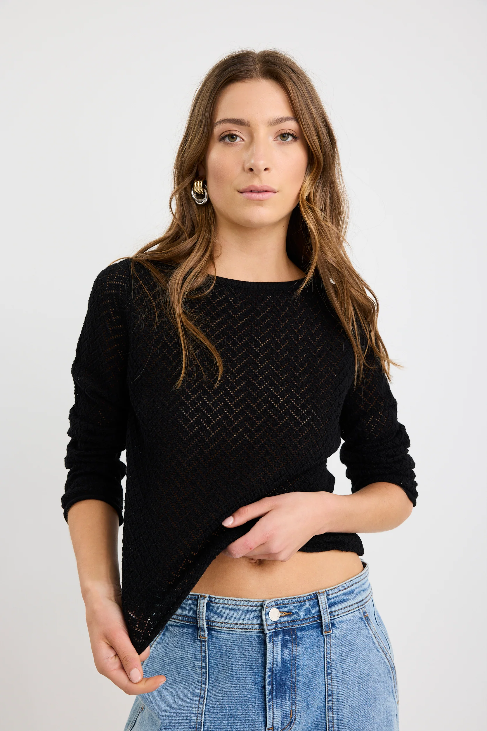 Patio Black Boat Neck Crochet Knit Jumper