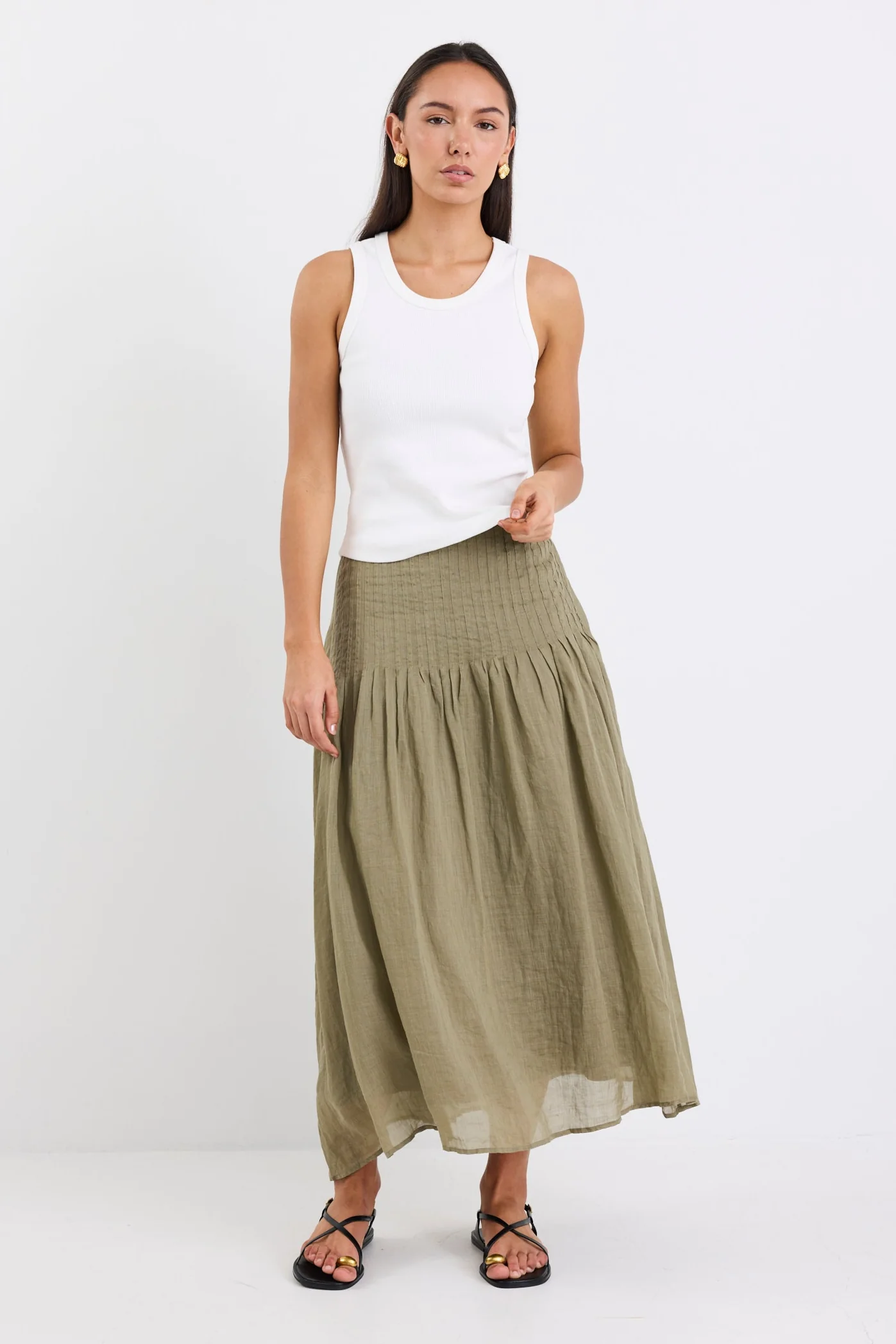 Pepe Khaki Linen Pintuck Waist Tiered Midi Skirt