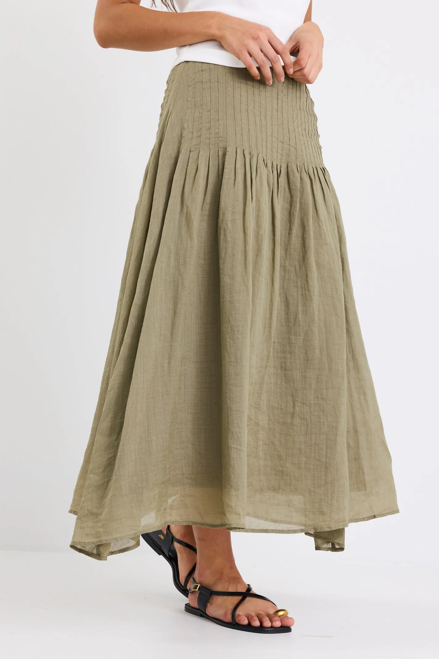 Pepe Khaki Linen Pintuck Waist Tiered Midi Skirt - Image 3
