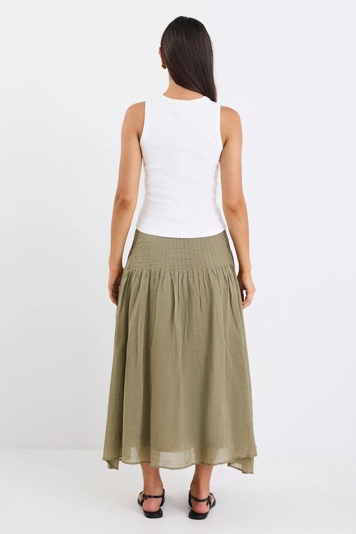 Pepe Khaki Linen Pintuck Waist Tiered Midi Skirt - Image 4