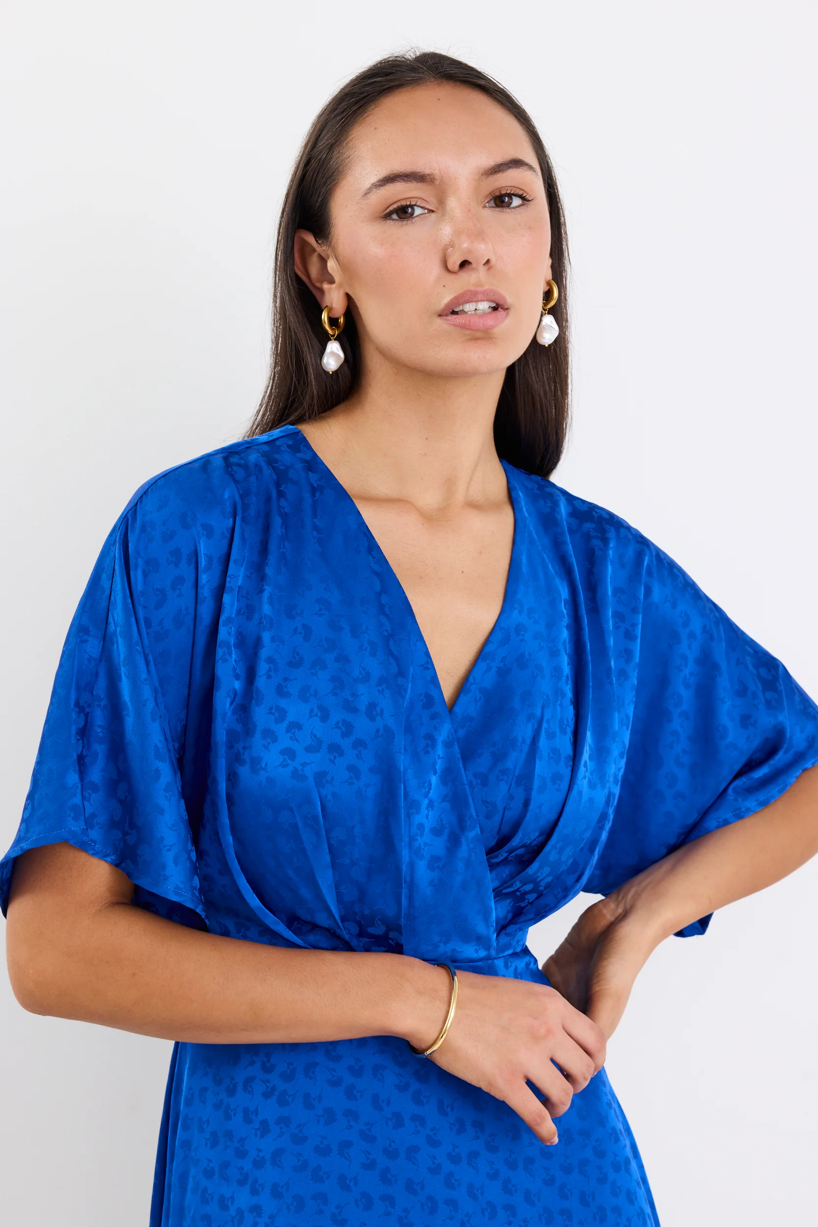 Picasso Electric Blue Satin Jacquard SS Kimono Midi Dress - Image 2