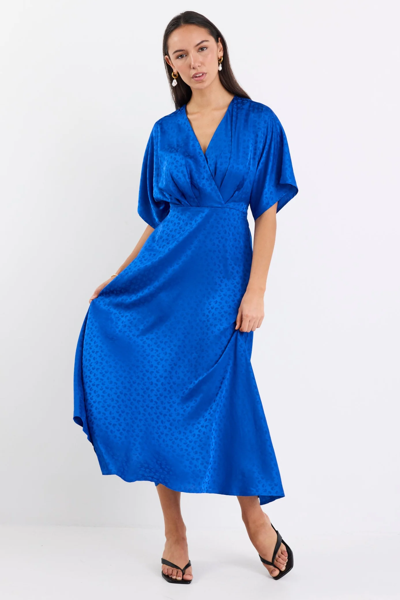 Picasso Electric Blue Satin Jacquard SS Kimono Midi Dress - Image 3