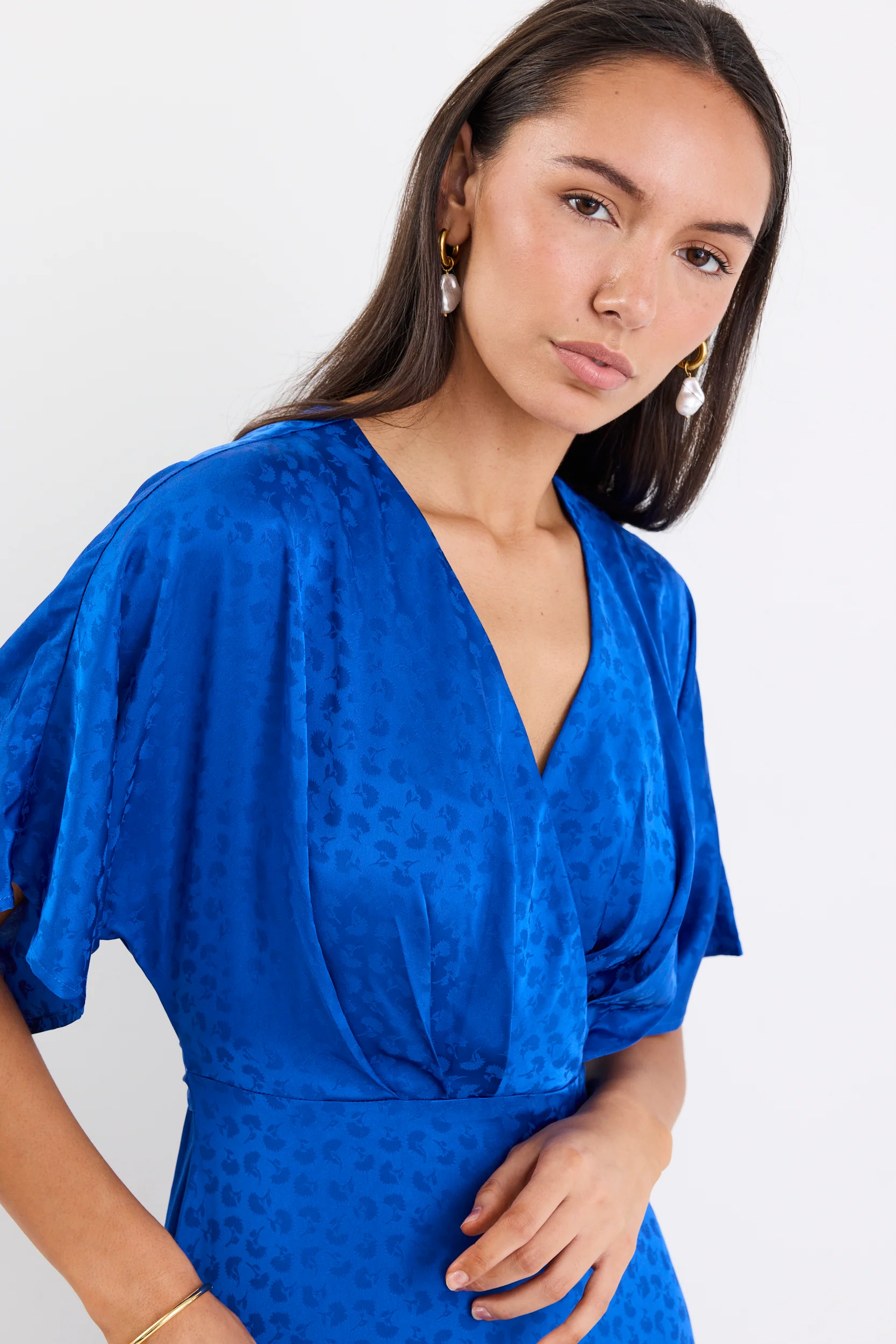 Picasso Electric Blue Satin Jacquard SS Kimono Midi Dress - Image 4