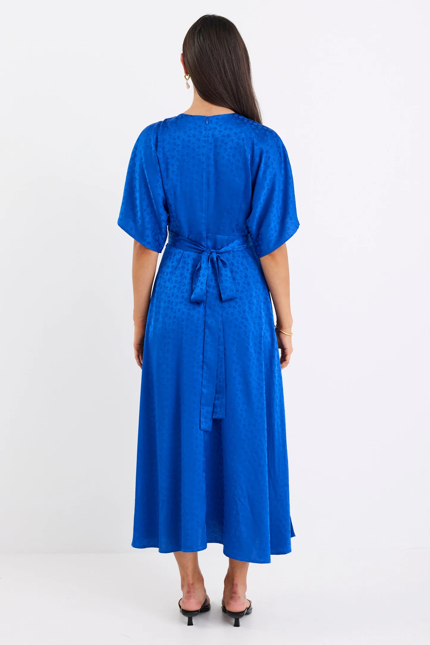 Picasso Electric Blue Satin Jacquard SS Kimono Midi Dress - Image 5