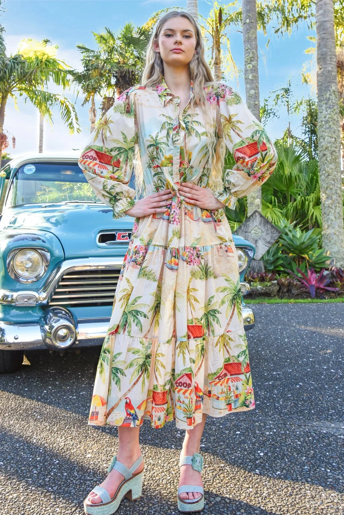 Picot-A-Boo Palm Beach Natural LS Maxi Dress