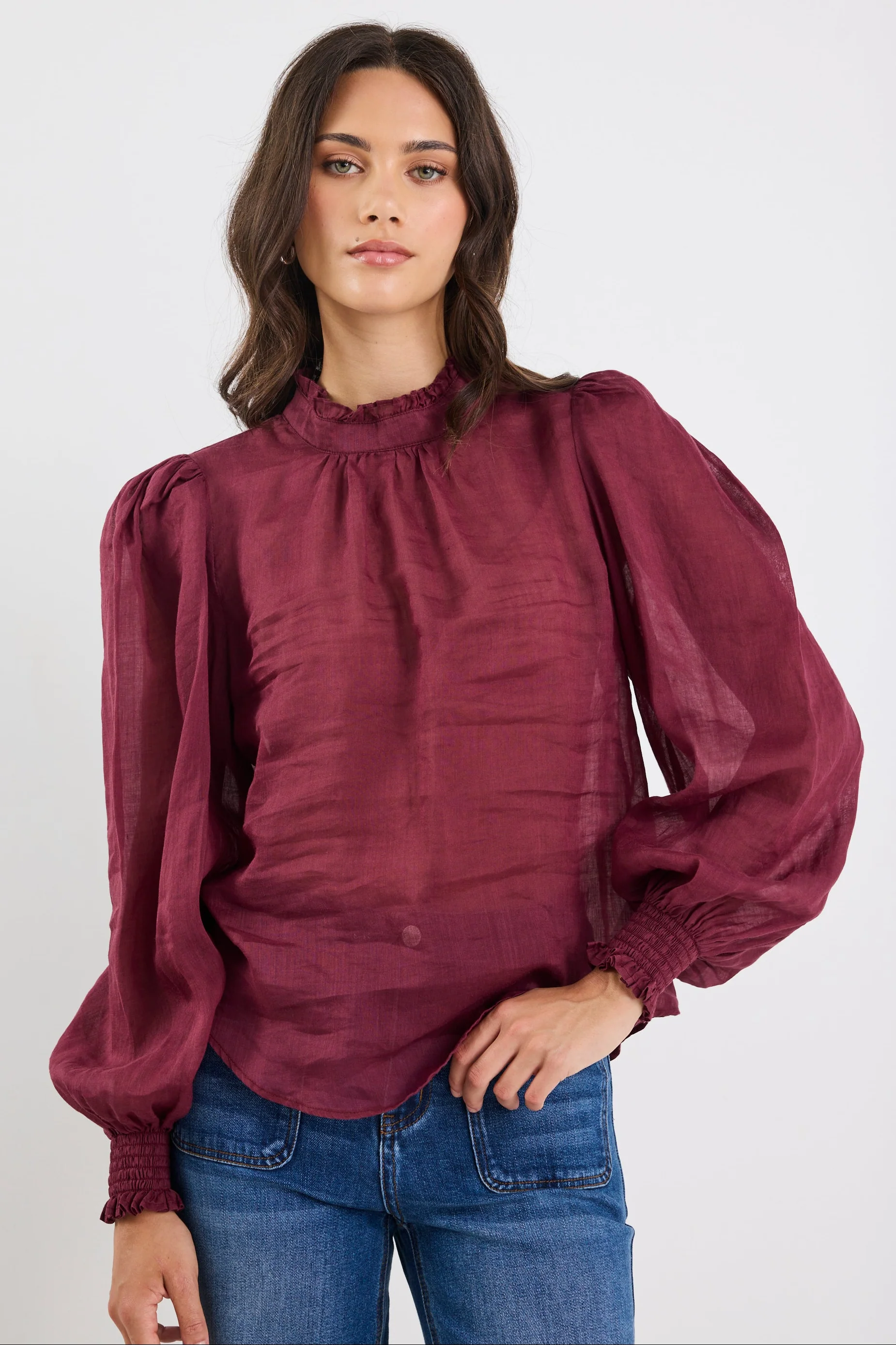 Poet Burgundy Plum Sheer Long Sleeve High Neck Top - Image 2